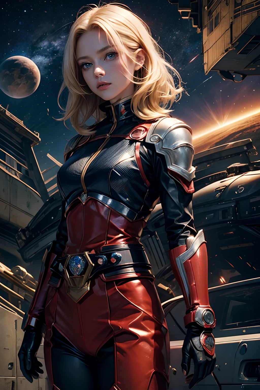 A beautiful woman. Blonde hair and blue eyes. Her hair is shoulder length. She wears a red metallic battle uniform. There is something like Kamen Rider's transformation belt on his waist. An image of outer space on her background. A masterpiece.