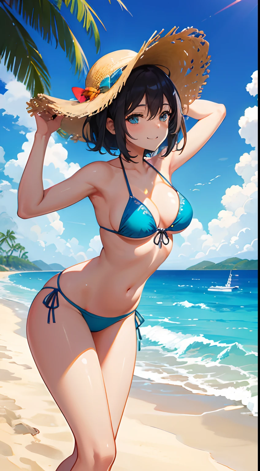 A girl in a bikini on the beach, (best quality, highres, ultra-detailed), vibrant colors, sunlight, sandy shore, turquoise water, gentle waves, beach umbrella, beach towel, sunglasses, beach hat, beach chair, seashells, palm trees, summer vibes, beautiful scenery, relaxed atmosphere, beach breeze, vacation paradise, joyful expression, golden tan, clear blue skies, happy moments, laughter, carefree attitude, beach activities.