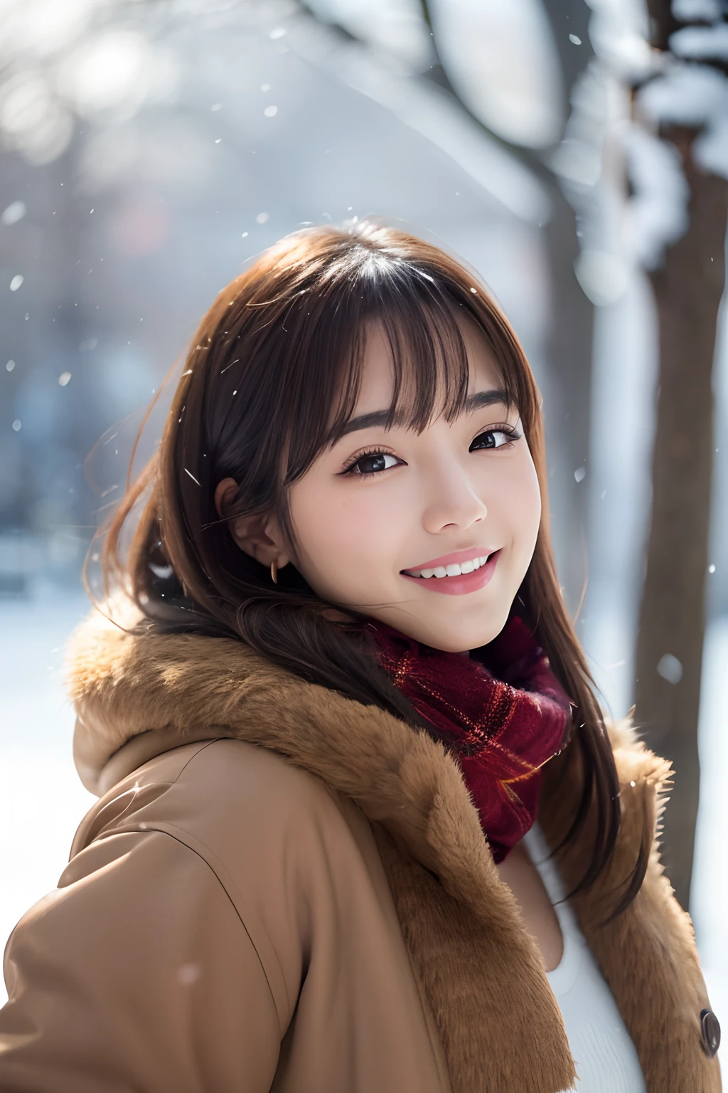 Half Japan and half Spanish, Perfect face, A big smile staring at the camera,Biggest smile,a large amount of fur,fluffy fur,Happy smiling face,1girl in, Bare_tree, brown_Eyes, brown_furr, built, coat,in snow,snowscape,cleavage of the breast, Cross_earrings, 耳环, furred, fur-trim_coat, furr_scarf, jewely, s lips, viewer, plein air, Yuki, Yuki, 独奏, The tree, 上半身_Body, Winters, Winters_Clothes, Detailed_Eyes,large full breasts、Point your chest at the camera、Colossal tits、Put your ears out、The face of the golden ratio、The body of the golden ratio、top-quality、The ultra -The high-definition、bangss、thick bangs、Perfect Anatomy、high-definition RAW color photography, professional photograpy, extremely delicate and beautiful, Extremely detailed,finely detail, Huge file size,Top image quality,8K,Photos taken with a single-lens reflex camera