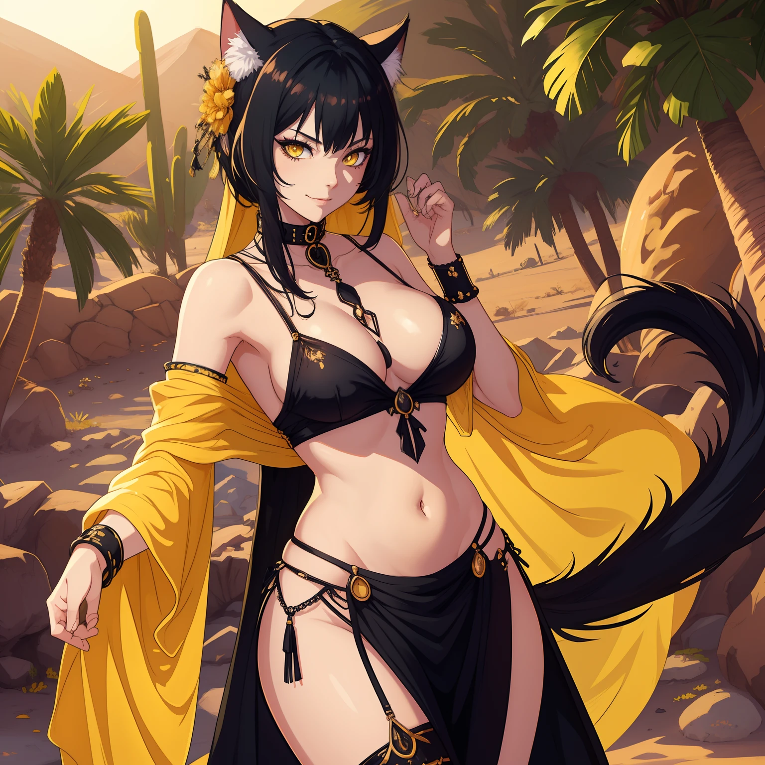 (slim body, nsfw), (best quality, 4k, 8k, high-res, ultra-detailed, anime style), catgirl, black hair, yellow eyes, looking at viewer, smug, slightly smiling, goth makeup, (collar), palms, desert, oasis behind, belly dance dress, arab dress