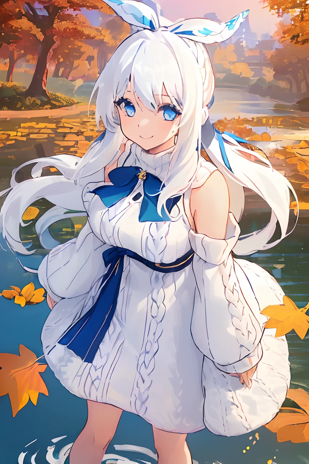 ((((1 girl)))), ((((solo)))), fullbody, ((((white hair)))), long hair, ((((blue hairribbon)))), ((((blue eyes)))), happy, smile, 18 year old, dynamic angle, Cold-Shoulder Sleeves, (((knit))), Hip Length, sleeves_past_wrists, sunset, Charming autumn park with golden leaves and a tranquil pond