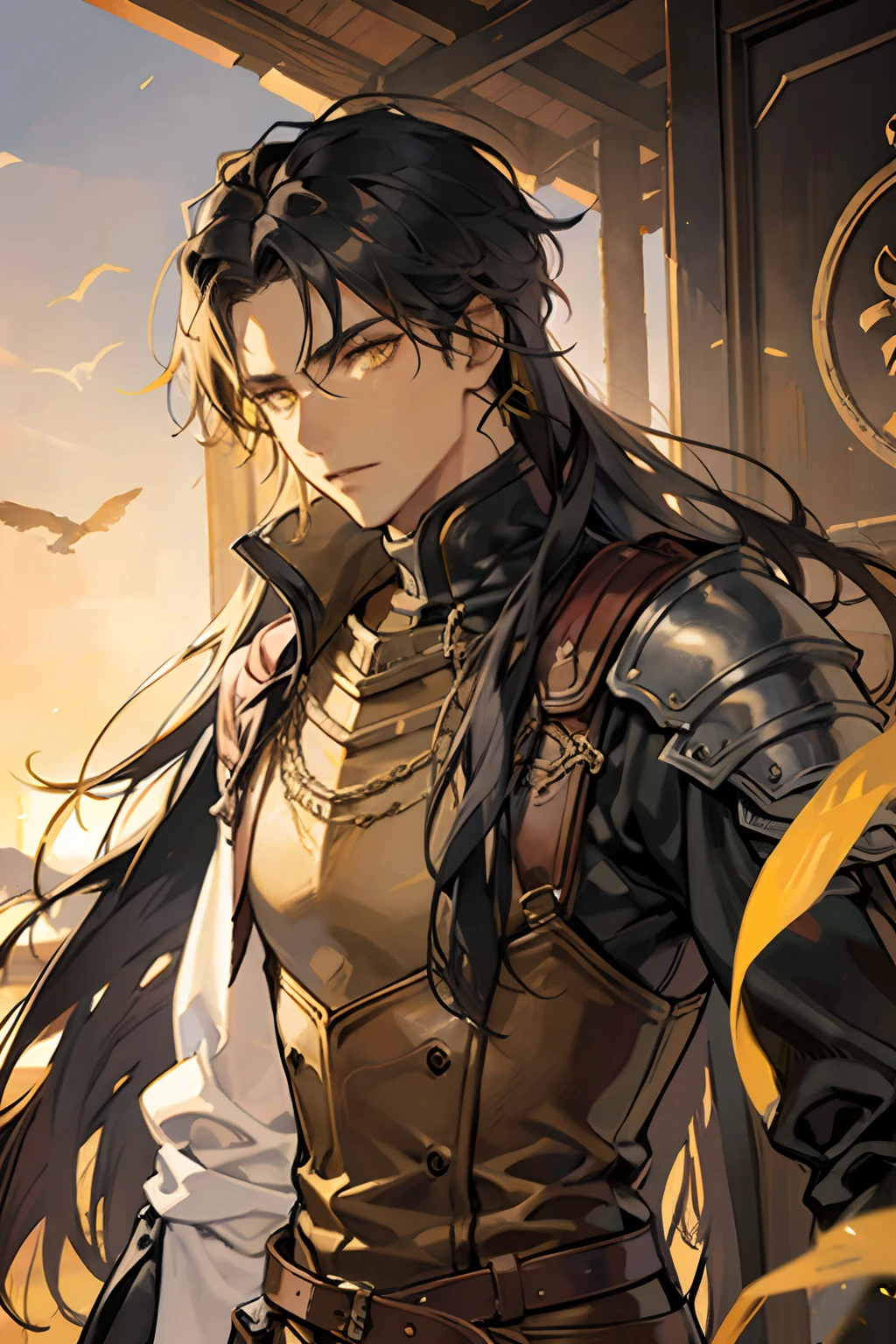desert background, Male adult, dark skin, mature face, well defined yellow eyes, long hair, wears leather armour, warrior