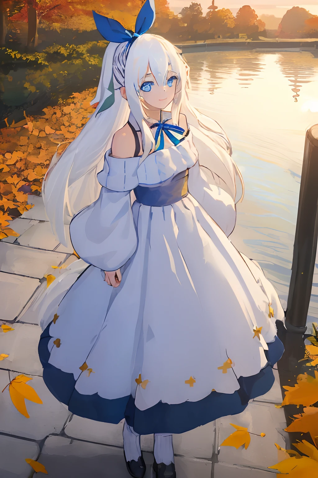 ((((1 girl)))), ((((solo)))), fullbody, ((((white hair)))), long hair, ((((blue hairribbon)))), ((((blue eyes)))), happy, smile, 18 year old, dynamic angle, Cold-Shoulder Sleeves, (((knit))), Hip Length, sleeves_past_wrists, sunset, Charming autumn park with golden leaves and a tranquil pond