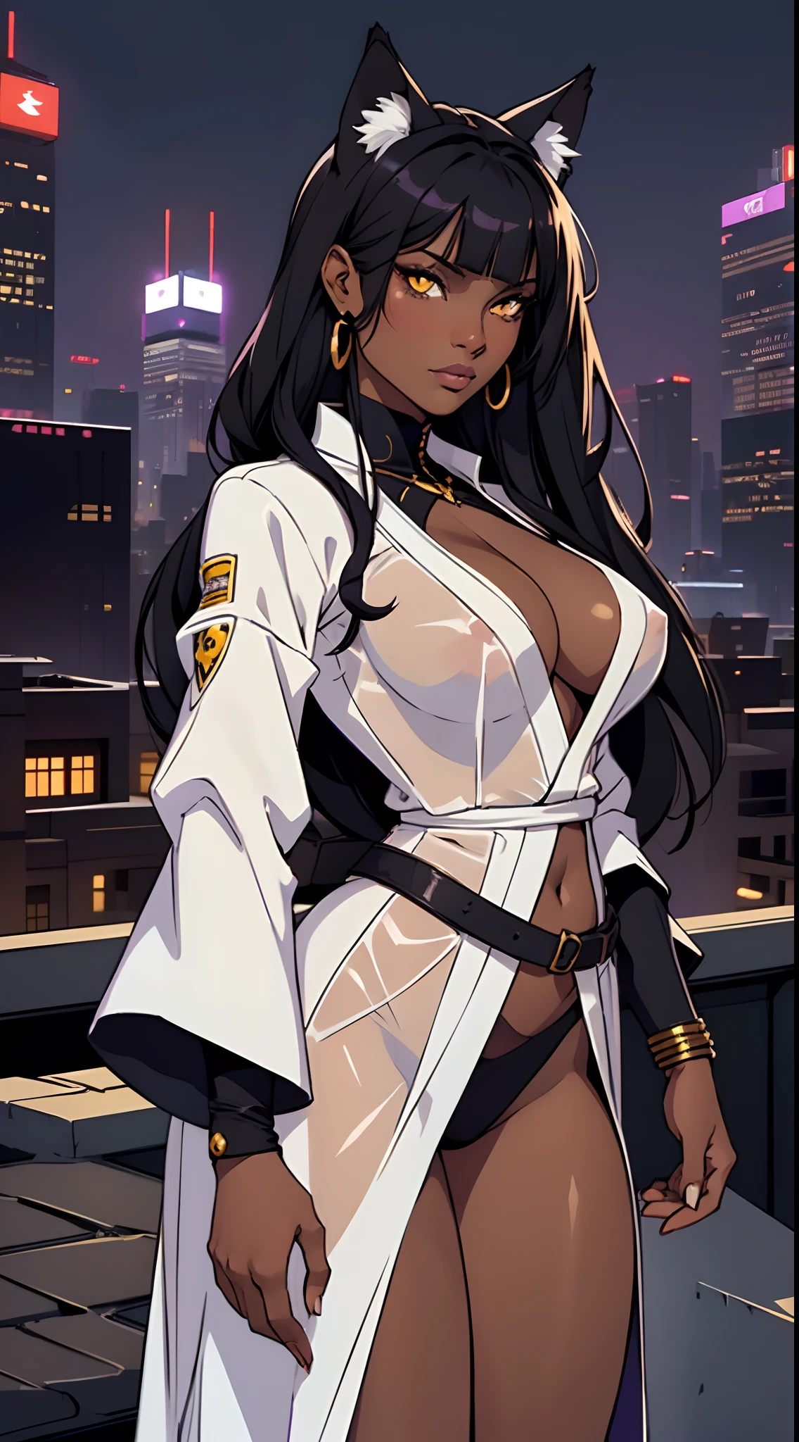 (masterpiece, best quality, cinematic), Hyper realistic super detailed sexy Blake, highly detailed, intricate, professional art, digital art, 8K, blake belladonna, (african woman: 2.3), (dark skin: 2.8), standing on rooftop, front view, sexy woman, huge breasts, (japanese styled city complex background, city:1.15), animal eyes, cat ears, big ass, black hair, long hair, blunt bangs, lipstick, (purple makeup:1.1), black eyeshadow, smokey ice, detailed hair, ultra detailed face, yellow eyes, perfect eyes, beautiful eyes, golden eyes, amber eyes, detailed eyes, perfect face, (very dark skin: 1.8), african woman, (african woman: 2.1), very dark skin character, (very dark skin: 3.2) (tail:0), (japanese clothes:0.6), night-gown, thin-clothes, (see-through clothes: 1.6) (hip vent:0.9), (bridal gauntlets:1.1), shrug (clothing), (young female, 16 years old:1.1, black woman: 2.4), Large Breasts, cleavage, (fit body: 1.1) Black and white outfit. White jacket fused with clothing.