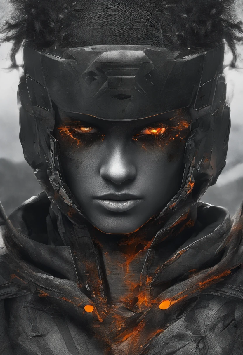 Dark Ninja Face with Orange Eyes of Geographic Data in Detailed Hyper-Realism Photoshoot Style