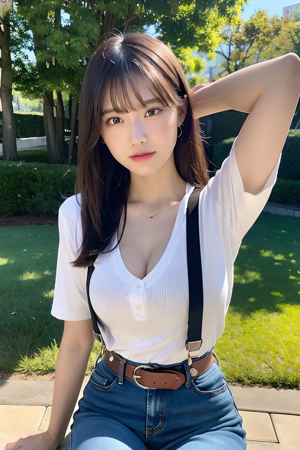 ​masterpiece、top-quality、The ultra -The high-definition、、colourfull、flat-colors、depth of fields、lens flare 1 girl、、A dark-haired、watching at viewers　　　Black Cutter Shirt　a belt　Black suspenders　Social OL　　　ample bosom　JINS　jeans　 Face sitting
Waiting to start　 Armpit sweat　perspiring　Side of both hands　huge-breasted
