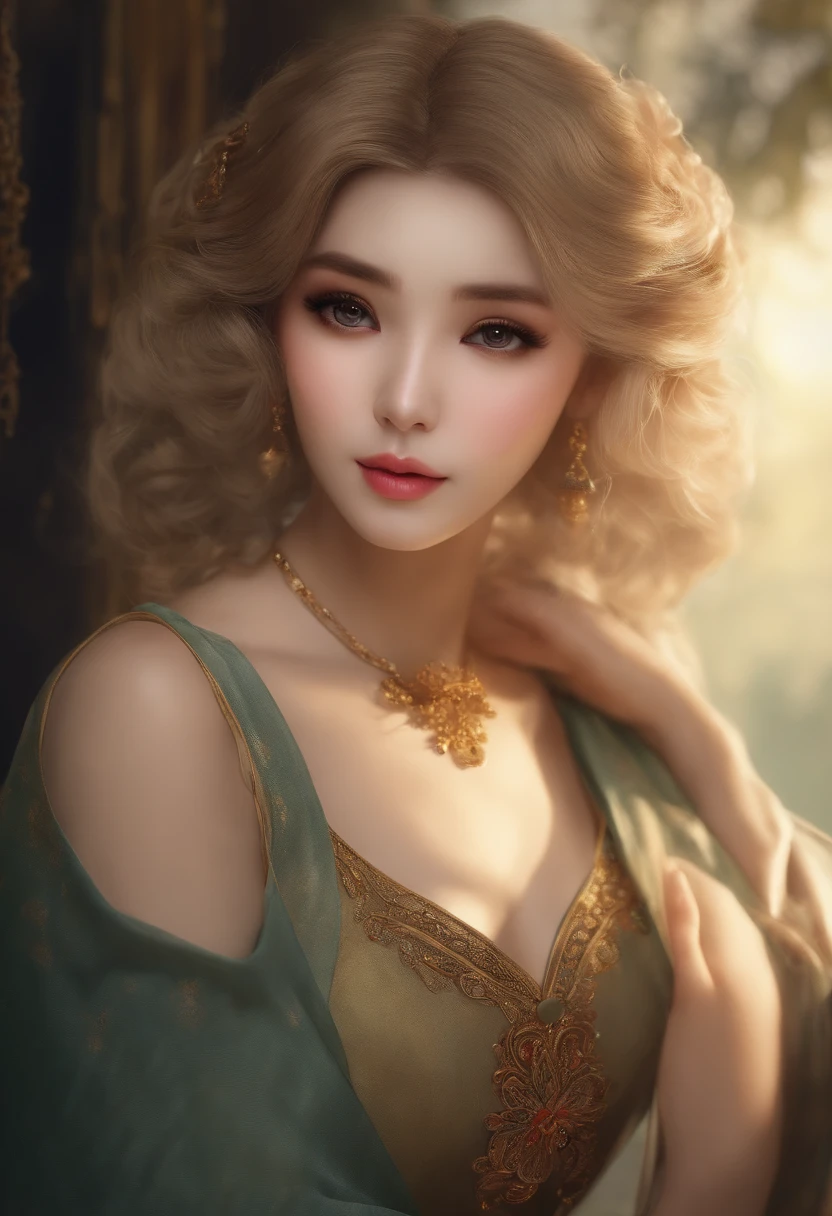 A hyper-realistic), (illustratio), (hight resolution), (8K), (ighly detailed), (The best illustrations), (beatiful detailed eyes), (top-quality), (ultra-detailliert), (masterpiece), (wall-paper), (详细的脸), natta、Upper body close-up,fortune teller,Blonde shorthair,独奏,Girl in a braless shirt, japanes, huge tit,