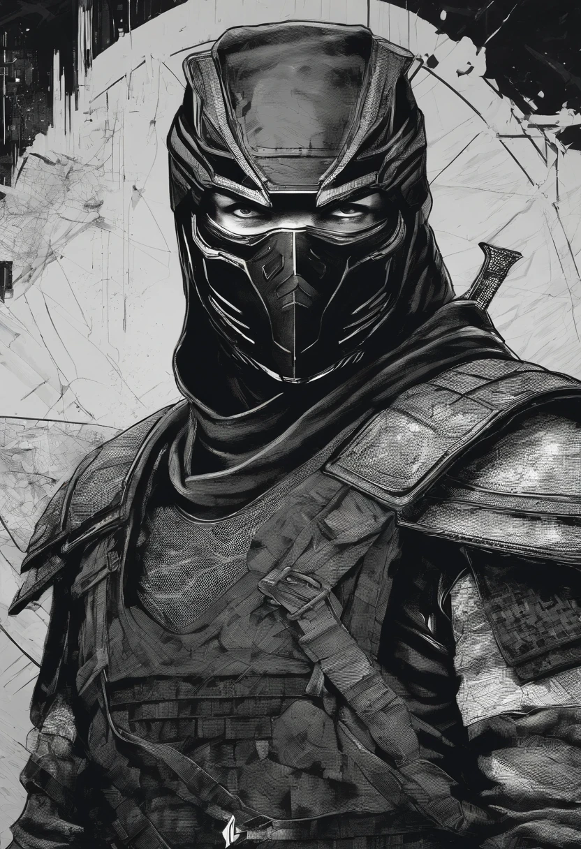 Ninja head in black and white Dark background of geographic data in the style of mortal kombat detailed hyper-realism