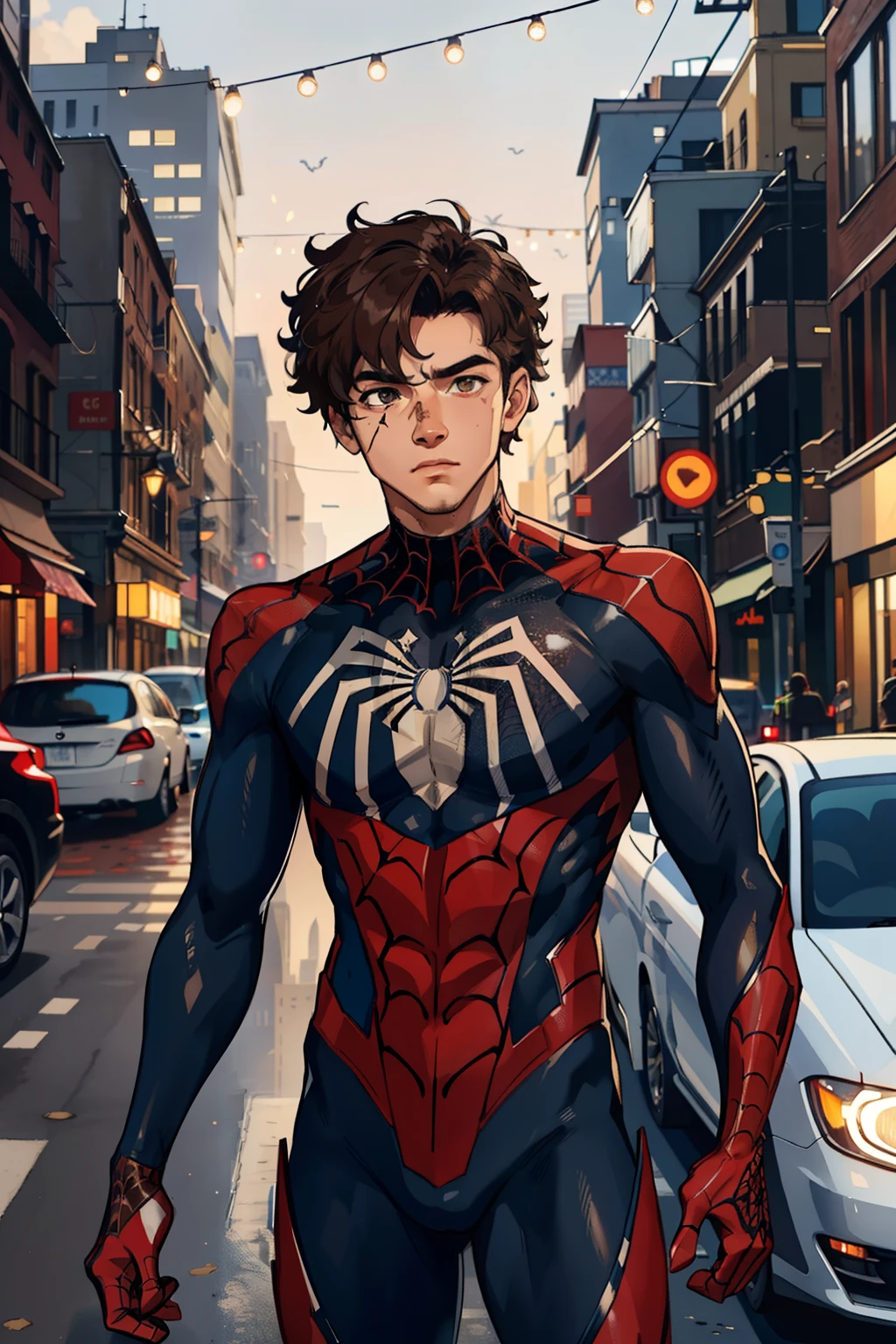 (masterpiece, best quality), intricate details, 8k, artstation, wallpaper, official art, splash art, sharp focus, 1boy, curly, short hair, brown eyes, spider suit, spider web printing, spider web, no mask, big scar on right eye, brown eyes, skyscrapers, city, buildings, cars, street,