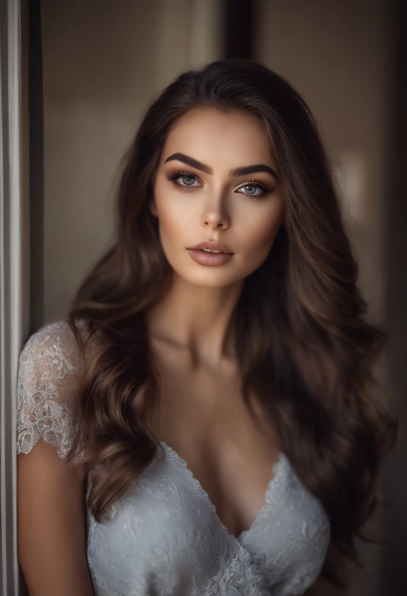 Arafed woman completely , fille sexy aux yeux bruns, ultra realist, Meticulously detailed, Portrait Sophie Mudd, cheveux bruns et grands yeux, selfie of a young woman, Dubai Eyes, Violet Myers, sans maquillage, maquillage naturel, looking straight at camera, Visage avec Artgram, Maquillage subtil, superbe photo de tout le corps debout dans le miroir, dans la chambre, Medium to large bust