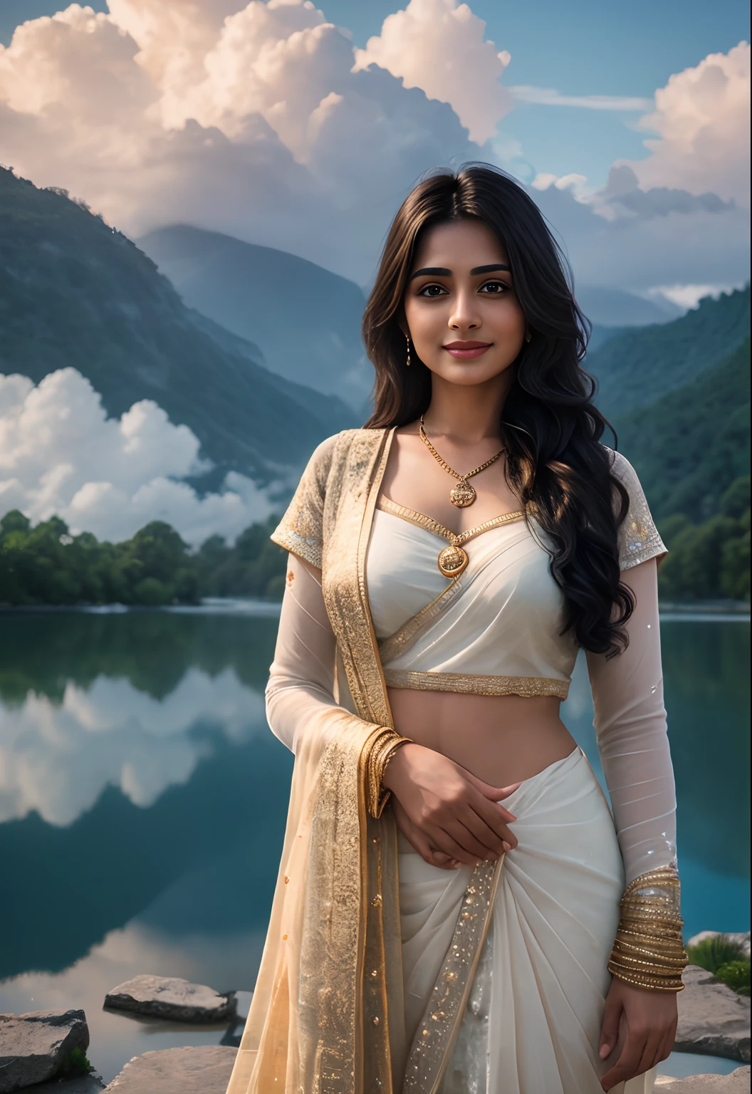 indian mature girl indain women, mature indian ,Masterpiece, (((full figure ))) entire body in frame, (((magical lighting action shot))) (((beautiful fit cute smiling woman standing on marble surrounded by clouds in heaven vast floating lakes rivers waterfalls fantasy landscape))), (((gold lace looking into the camera))) , ((( accurate hands accurate eyes))) moody lighting, blue hour, blue colors, very detailed, dramatic light, 8k HD high definition detailed realistic, detailed, skin texture, hyper detailed, realistic skin texture, armature, best quality, ultra high res, (photorealistic:1.4), high resolution, detailed, raw photo, sharp re, nikon d850 film stock photograph 4 kodak portra 400 camera f1.6 lens rich colors hyper realistic lifelike texture dramatic lighting unrealengine ,cinestill 800, (((accurate female anatomy, perfect eyes))) (((500px, fstoppers, photosight.ru, iso noise)))