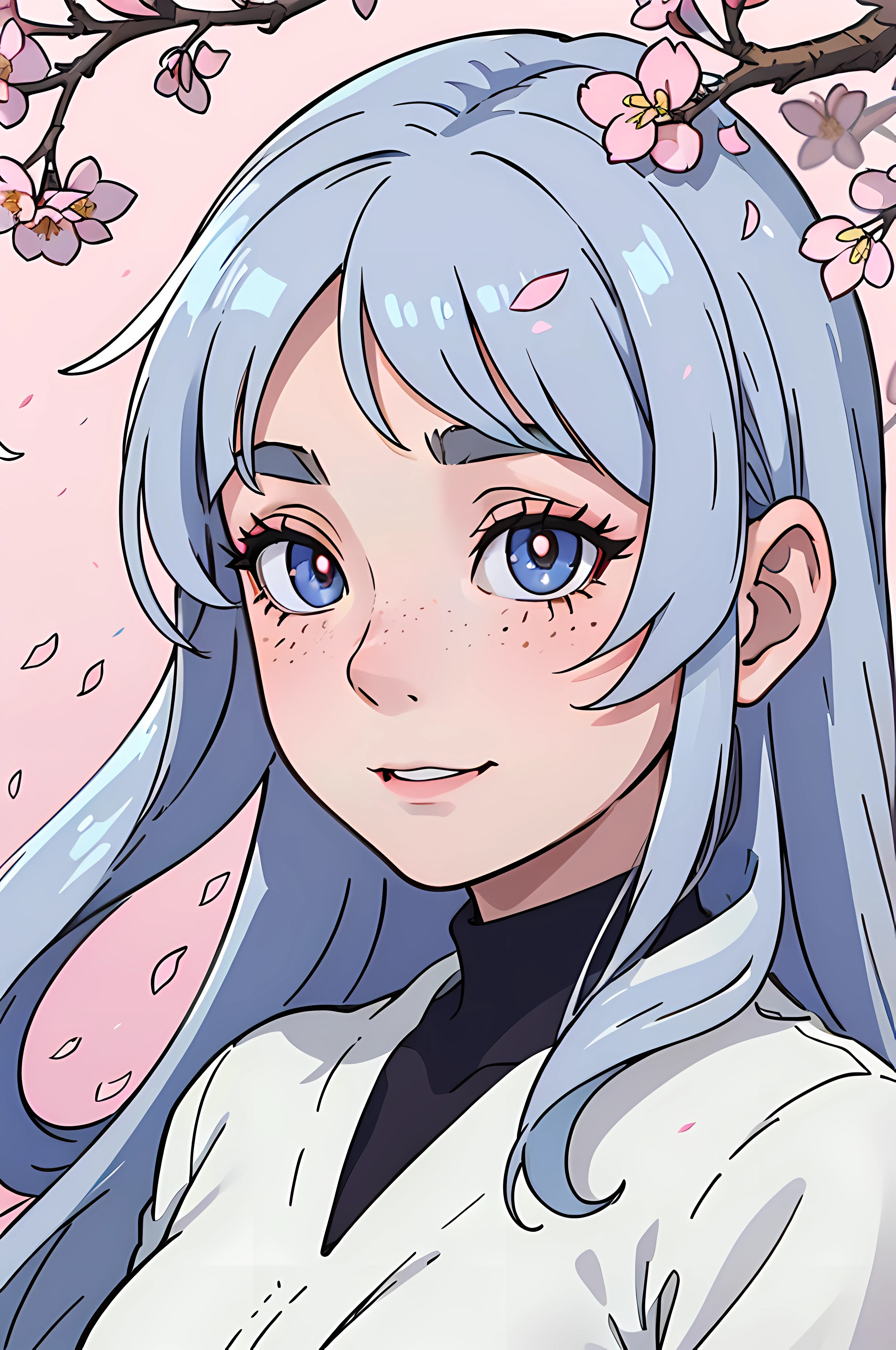 (best quality,highres,anime:1.2),ultra-detailed,(realistic:1.37),close-up of a woman with luminescent anime eyes,wavy pastel-colored hair,soft and flawless skin,natural blush,shimmering iridescent eyelids,playful and slightly mischievous smile,subtle freckles,dainty silver nose stud,vividly colored contact lenses,delicate eyelashes,elongated and sharply arched eyebrows,loosely tousled hair strands,luminous glow surrounding her,sparkling highlights on her face,ethereal and dreamlike atmosphere,colorful and vibrant background,subtle glimmers casting soft shadows,gentle breeze tousling her hair,delicate cherry blossom petals falling around her,lush greenery in the background,slight tilt to her head,expressive and captivating eyes,a sense of mystery and enchantment in her gaze