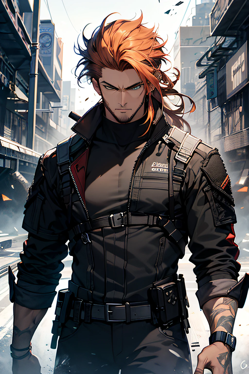 Cyberpunk male, fantasy world, dark background, clean design, epic instagram, artstation, colorful paint splatter, silhouette, hyper detailed intricate details, unreal engine, fantasy, intricate details, splash screen, complementary colors, Fantasy concept art, 8k resolution, deviantart masterpiece, oil painting, heavy strokes, (((handsome young man))), ((teenage:1.5) ),  (green eyes), ((light eyes)), (((long ginger hair: 1.1))), ((black and red tactical style clothes)), (prince\\(indifferent expression\\), ginger hair, (chest) --v 6