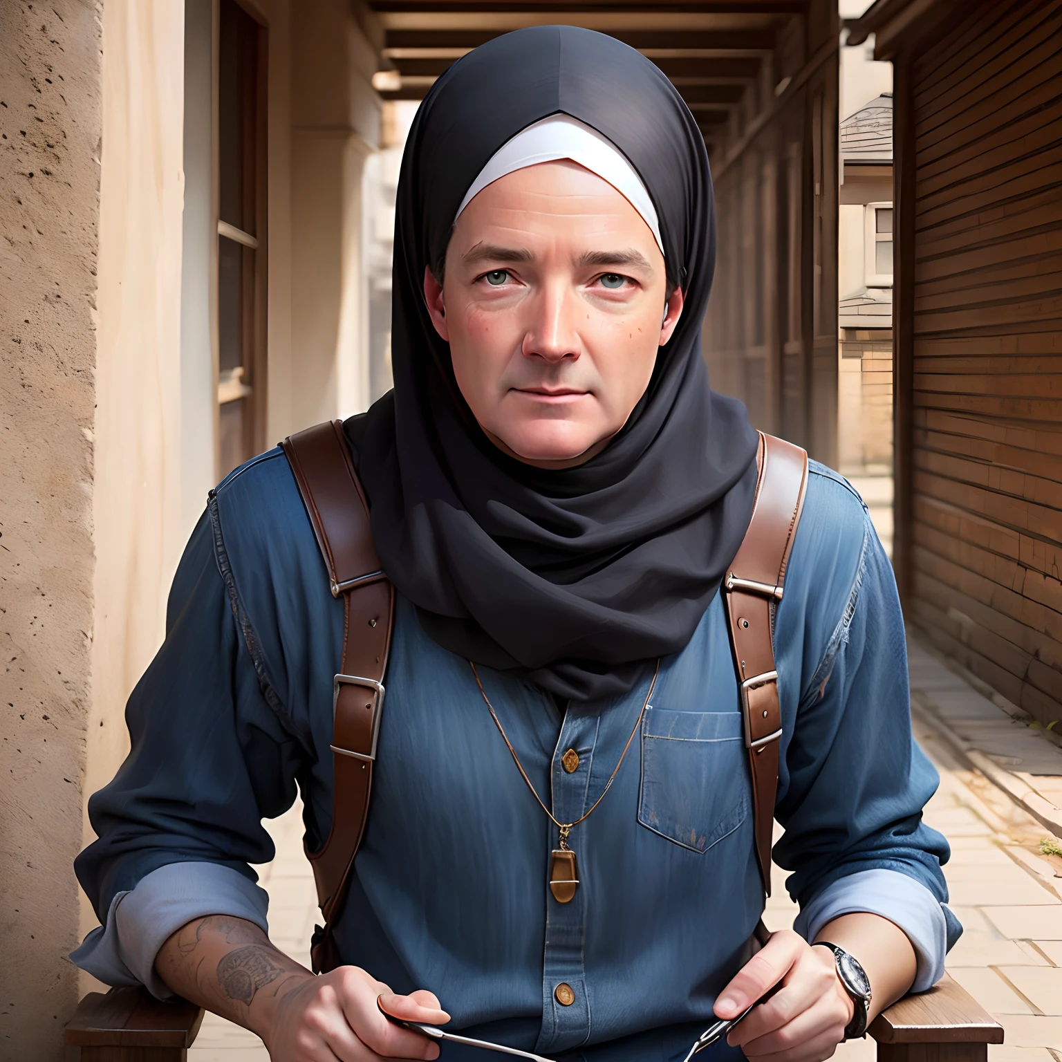 Give me a realistic photo of piers Morgan with hijab