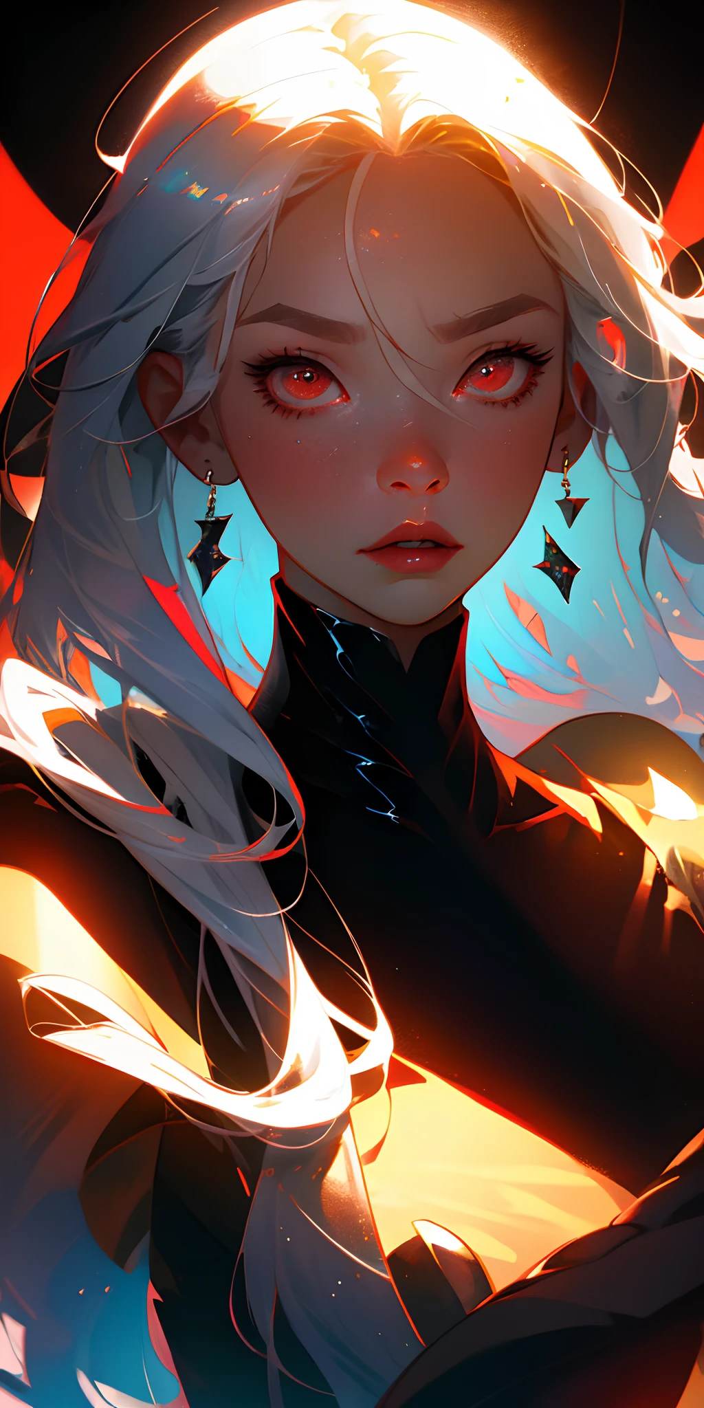 masterpiece, best quality, 1 girl, solo, supine, wear black dress, standing in the dark, pale skin, messy hair, red eyes, glowing eyes, blood on face, blood on clothes, creepy, scary, blood, --auto