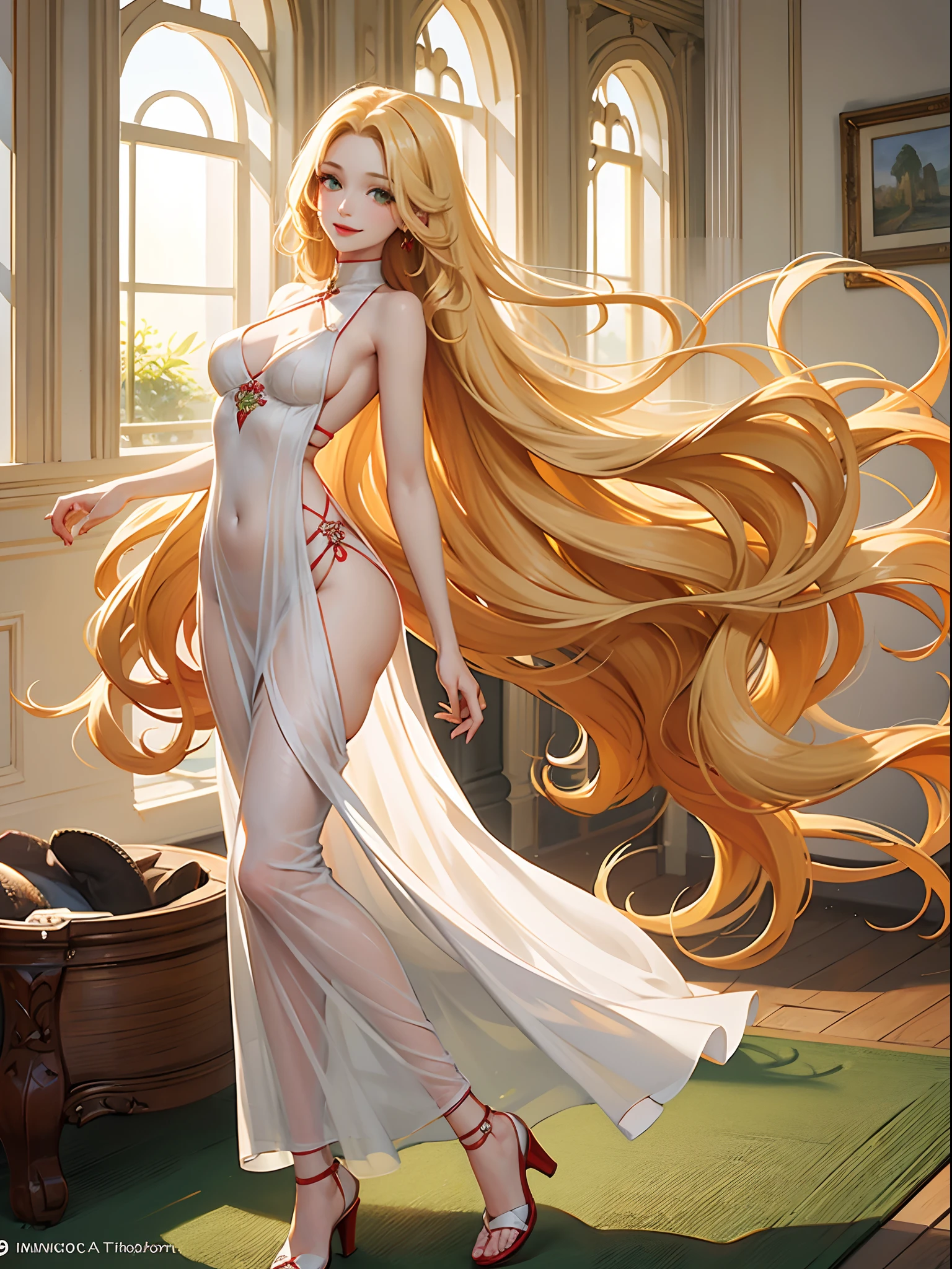 illustrative image of a beautiful woman with long, curly yellow hair. green eyes, white skin, smiling, reddish lips, delicate appearance, large breasts, thin waist, small butt and wearing a simple red dress. full body