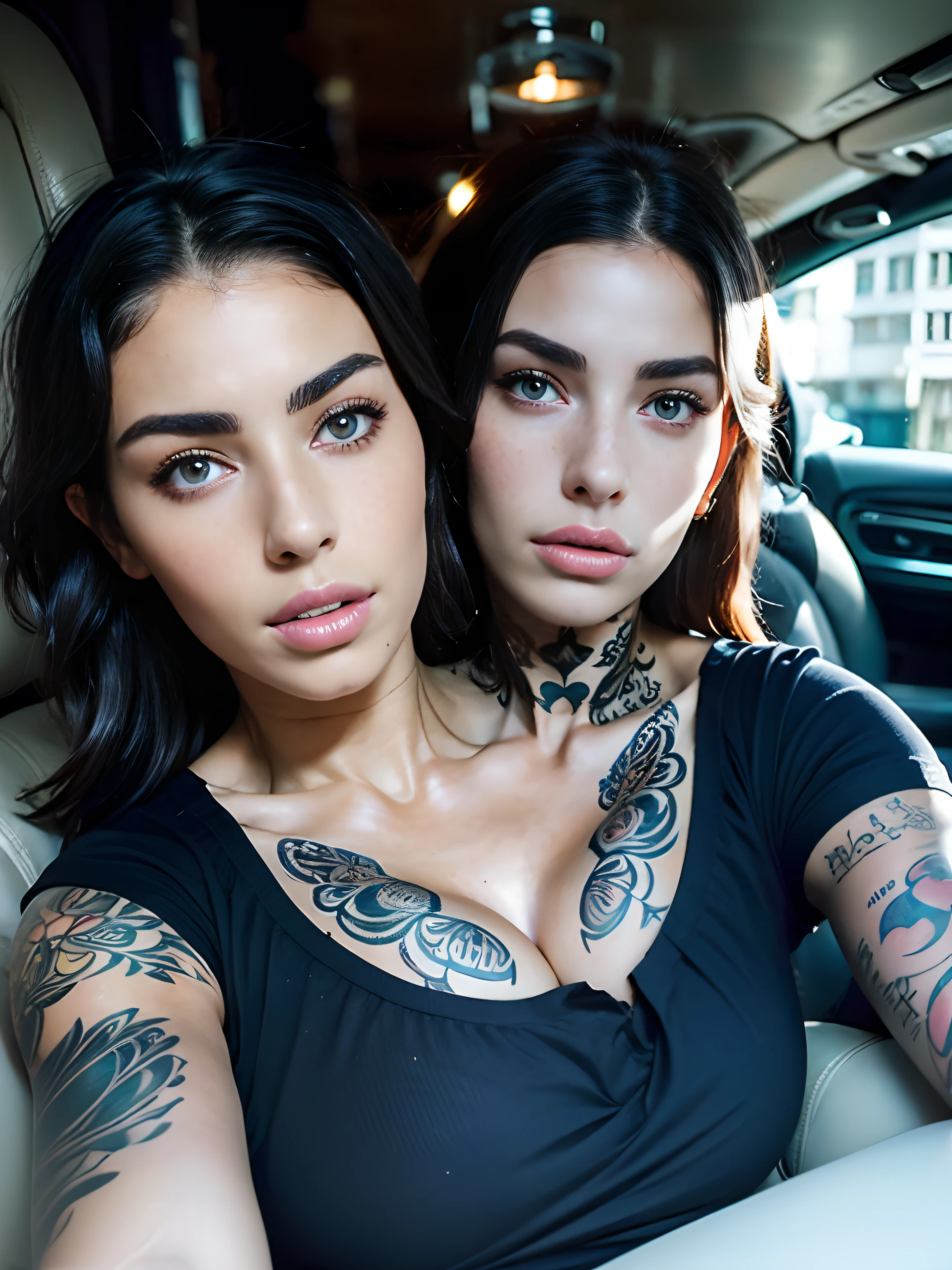 (Two Heads), arafed woman with a black top and tattoos on her chest, 18 years old, angelawhite, bella poarch, violet myers, profile image, 1 8 yo, angiewolf, she is about 2 0 years old, she is about 20 years old, 1 6 years old, profile pic, dua lipa, with tattoos, sexy face, cute freckles, small freckles, sexy face with full makeup, detailed flawless face, conjoined