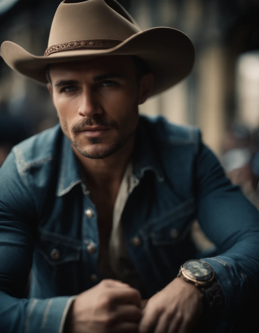 Cinematic portrait, ((Upper body)), Facing the audience, (reality :1.3), most beautiful artwork photo in the world, A man looks at the camera, Vintage denim outfits, Western cowboy, Detailed beautiful face, action  shot, (Intricate :1.4), Western background, photograph realistic, In the daytime, CG, art stand