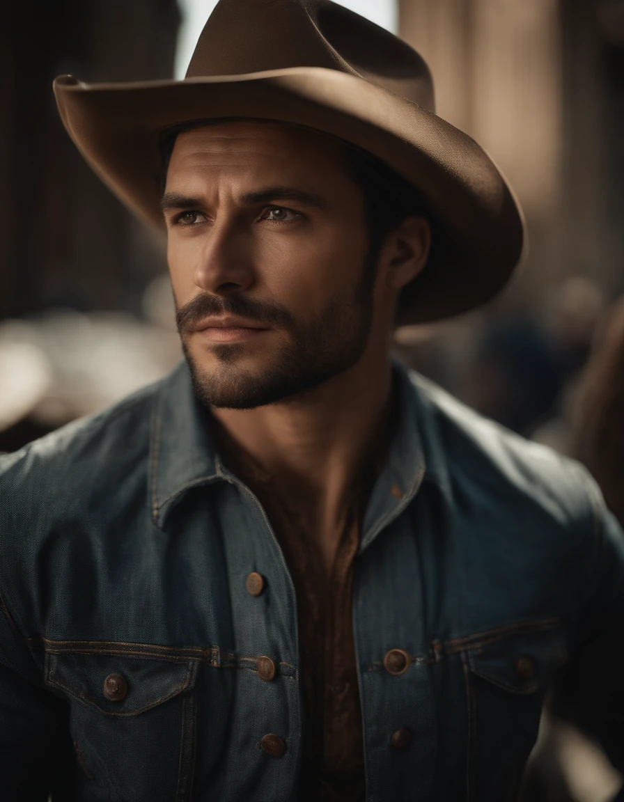 Cinematic portrait, ((Upper body)), Facing the audience, (reality :1.3), most beautiful artwork photo in the world, A man looks at the camera, Vintage denim outfits, Western cowboy, Detailed beautiful face, action shot, (Intricate :1.4), Western background, photograph realistic, In the daytime, CG, art stand