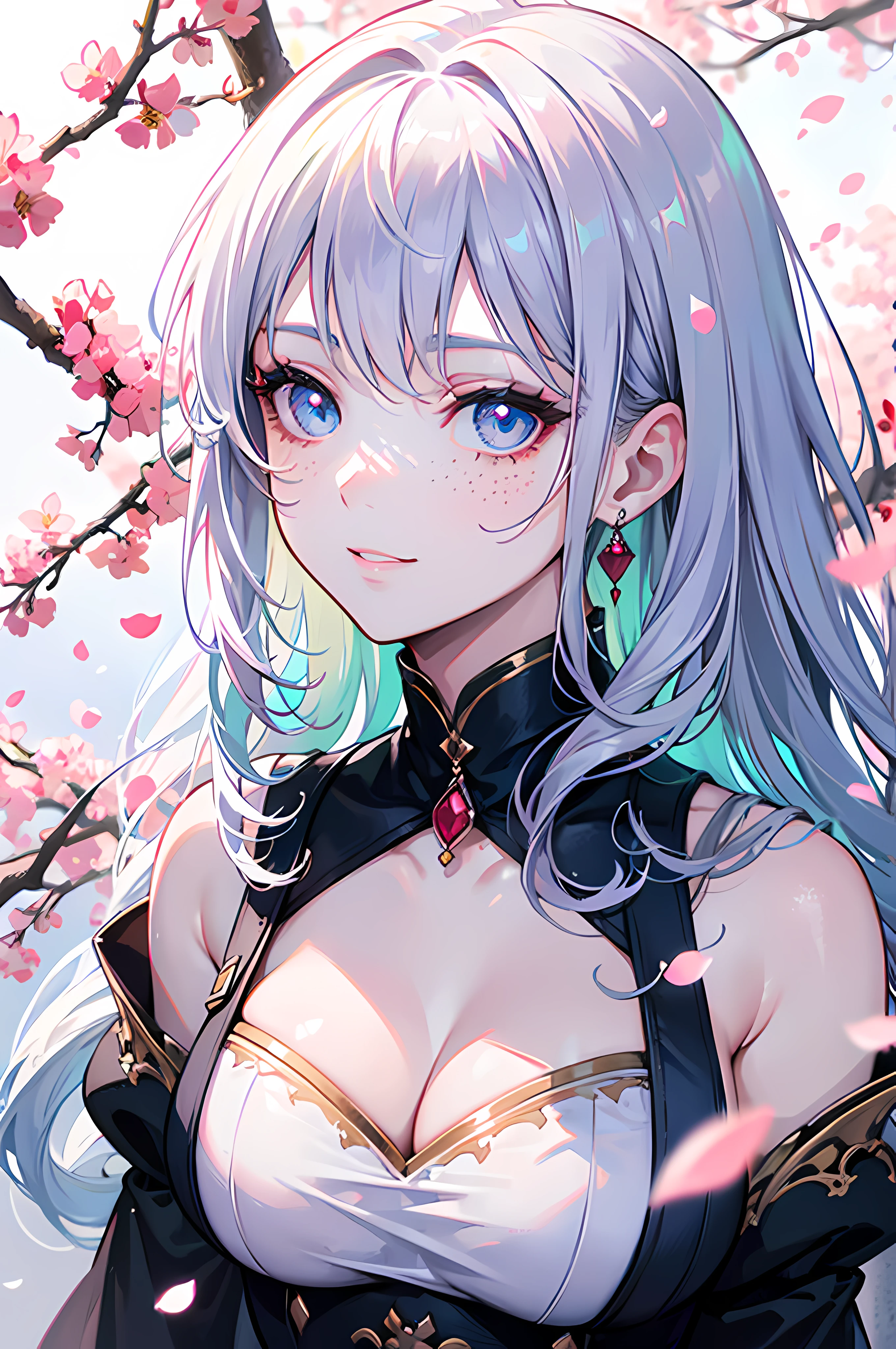 (best quality,highres,anime:1.2),ultra-detailed,(realistic:1.37),close-up of a woman with luminescent anime eyes,wavy pastel-colored hair,soft and flawless skin,natural blush,shimmering iridescent eyelids,playful and slightly mischievous smile,subtle freckles,dainty silver nose stud,vividly colored contact lenses,delicate eyelashes,elongated and sharply arched eyebrows,loosely tousled hair strands,luminous glow surrounding her,sparkling highlights on her face,ethereal and dreamlike atmosphere,colorful and vibrant background,subtle glimmers casting soft shadows,gentle breeze tousling her hair,delicate cherry blossom petals falling around her,lush greenery in the background,slight tilt to her head,expressive and captivating eyes,a sense of mystery and enchantment in her gaze