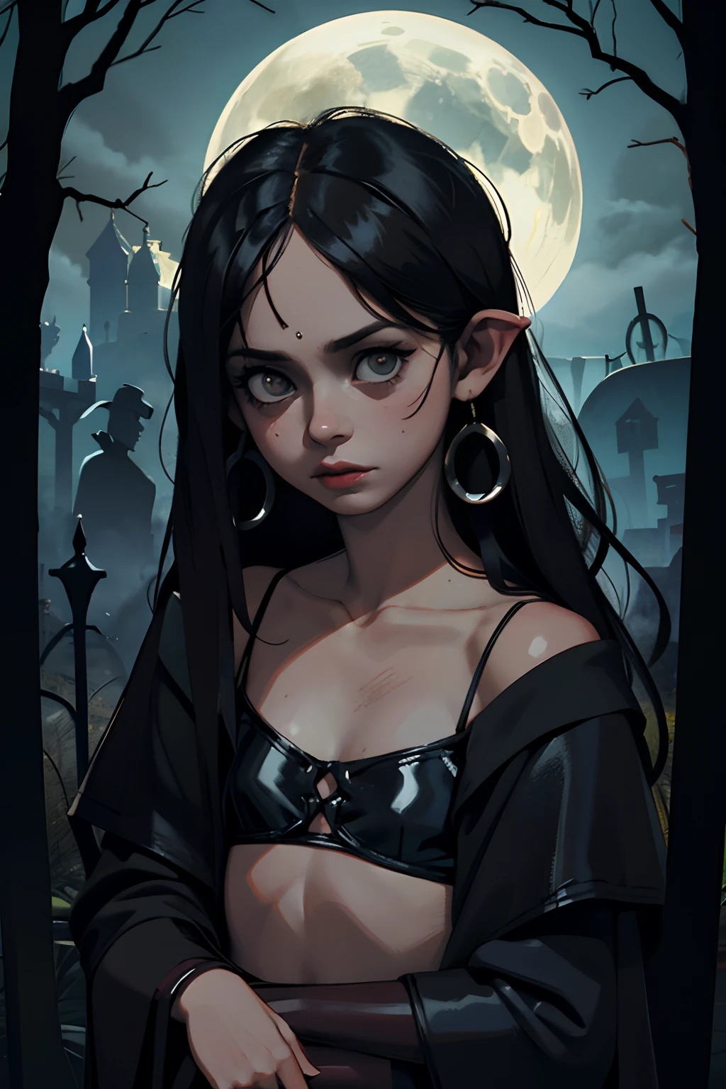 Retrato de rodillas a cabeza, joven bruja elfa oscura sentada, piernas abiertas, cuerpo completo, bikini negro oscuro, bruja tiene, Gloomy and scary atmosphere, botas negras, Bosque espeluznante, orejas puntiagudas, cuerpo completo