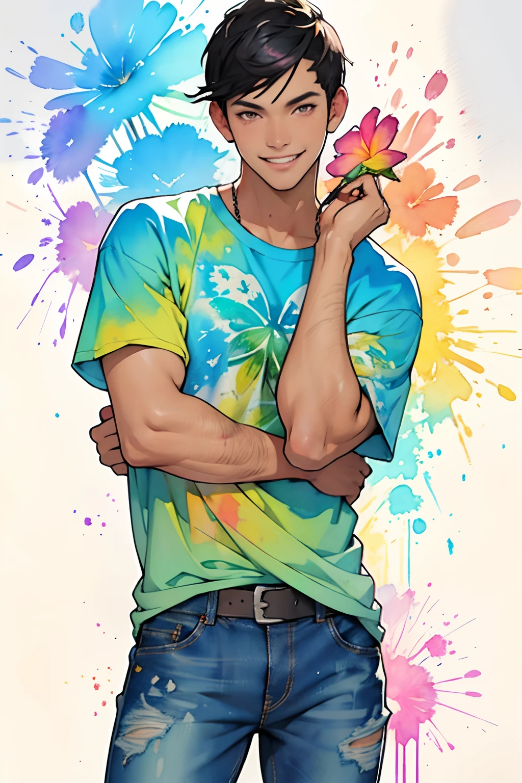 a Plumeria painting with a splatter background and spray paint effect, plumeria flower design dark t-shirt and jeans, man upper body centered, multi-color hair, big happy smile, watercolor art, watercolor painting, watercolor painting style, watercolor detailed art, watercolor digital painting, watercolor paint, masterfully detailed watercolor, watercolor art