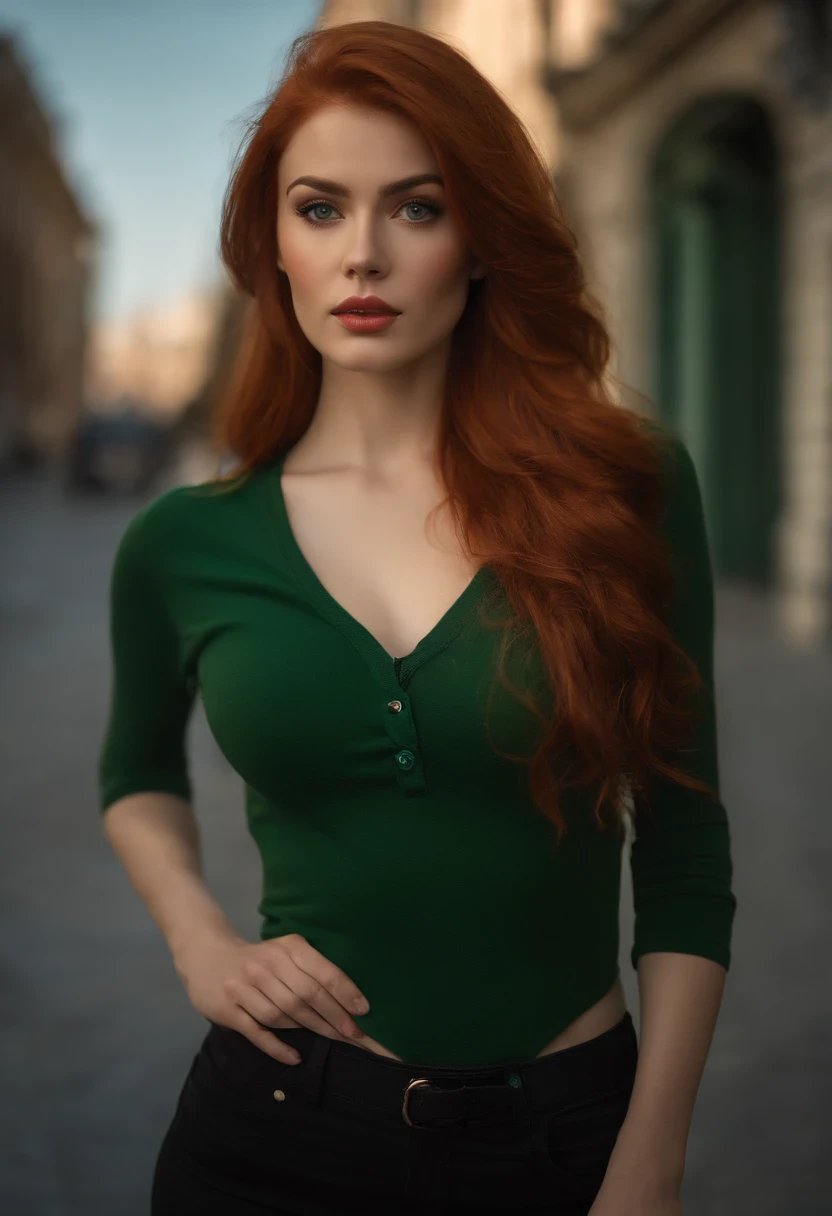 professional, (4k photo:1.1) by (Jeremy Lipking:0.3), (Dittmann Anna:0.3), (Arian Mark:0.3), (Sharp focus:1.3), high detail, wearing (tight shirt:1.2), beautiful detailed face, an attractive woman with long red hair looks into the camera, looking like actress Katherine McNamara, panasonic lumix s pro 50mm f/1.4, anne stokes, color splash, dark orange and dark emerald, ferrania p30, photo realistic, (attractive young woman:1.3), (seductive:1.1), (blushing:1.1), hourglass body shape, big round breasts, wide hips, in background city, taking selfie, wearing jumper