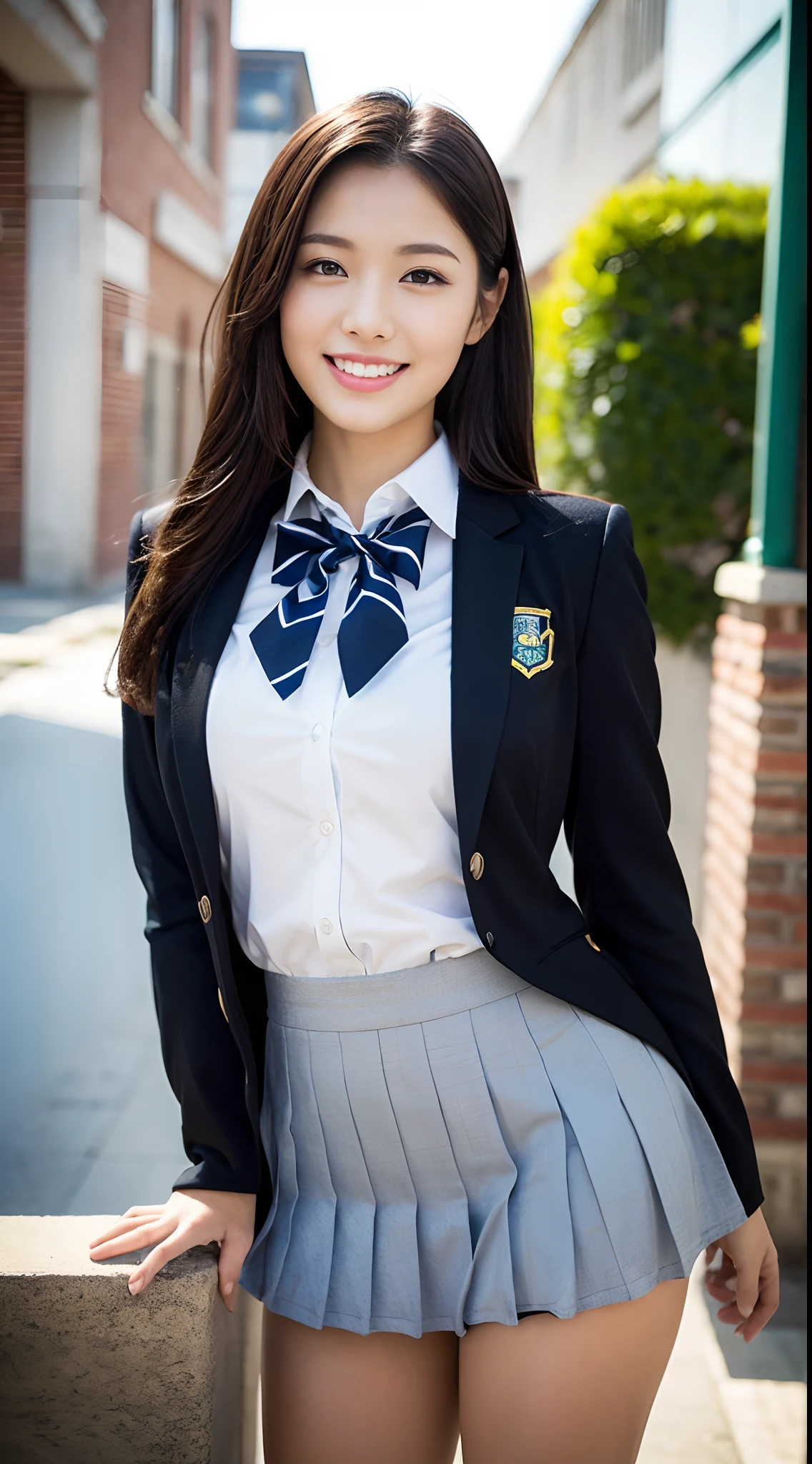 (((full bodyesbian)))、((Girls' High School Uniforms))、((１a person))、Close to the subject、((a miniskirt))、(((school buildings)))、(((ssmile)))、(((Girls' High School)))、((a beauty girl))、((sexy  pose))、Photorealsitic、Beautiful detailed eyes、Hyper-Realism、highcontrast、Ultra HD、realistic skin textures、Top image quality、top-quality、超A high resolution、Fine details、Very meticulously