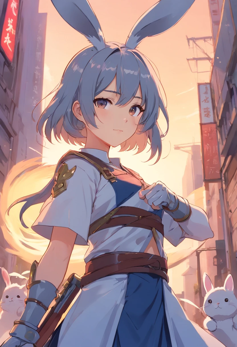 a cartoon picture of a woman with a sword and bunny ears, concept art inspired by Li Chevalier, pixiv contest winner, furry art, knight's longsword zero video game character, rabbit warrior, rabbt_character, style of duelyst, bunny with helmet and sword, knights of zodiac girl, character adoptable, character design contest winner, shining gray armor, ragged cloth wrapped around her waist, cat's tail, magnet color hair,