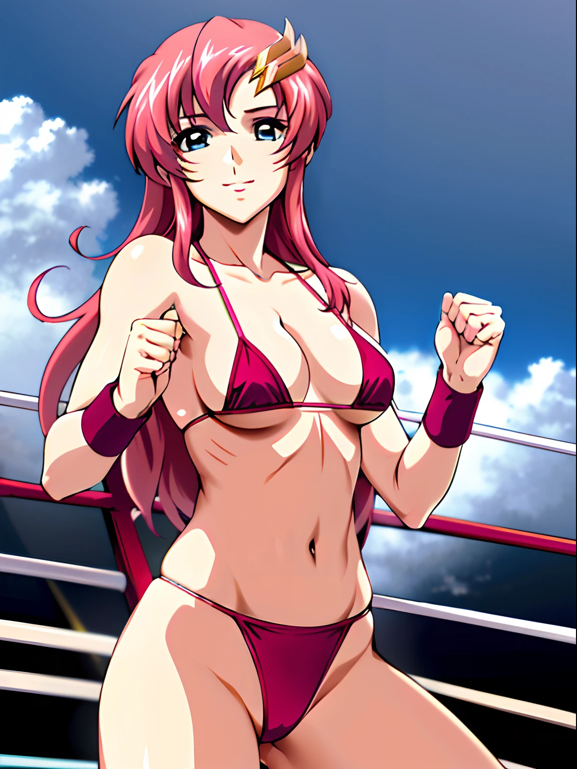 (masterpiece, far view, 4K, Best Quality, Anime style: 1.9,, Adult Woman, ultra detailed face, (cloud background, wrestling), Drawing lines, high resolution, Anime, lacus4), 1girl, Solo, curvy figure, Long hair, 鎖骨, scapular, (Detailed wide hair bangs, Hair Ornament, Detailed reddish-pink hair, golden crest), cleavage, large hands, (female wrestler). (Big blue eyes, shiny eyes), ((female wrestler, little biceps, slender body, broad shoulders, closed fists)), ((perfect proportions, medium breasts, long belly)), (((micro bikini, pink wrestling gear, champion))), happy, smile, , (belly dancing, looking at the viewer), , showing off underarm, (elegant lady), microphone,