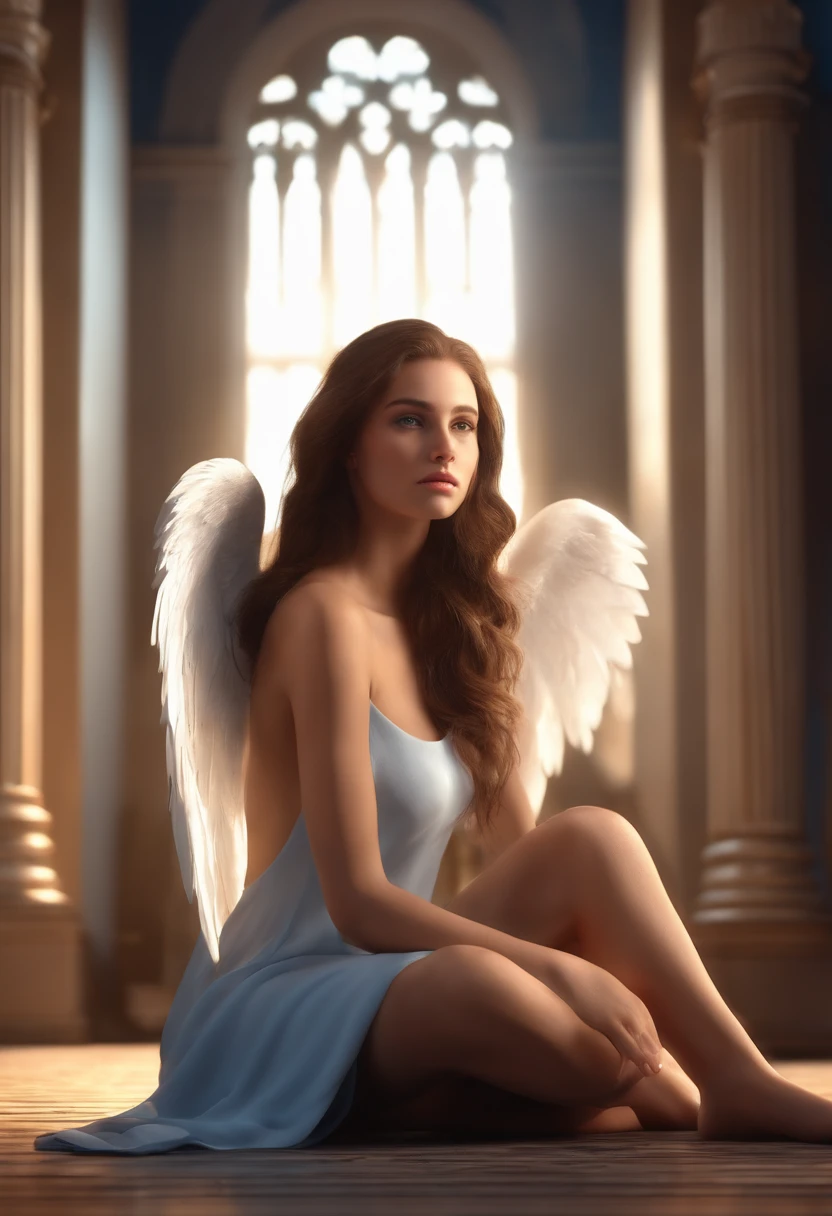 3d render of angel girl with straight brown hair and blue eyes sitting on the floor barefoot