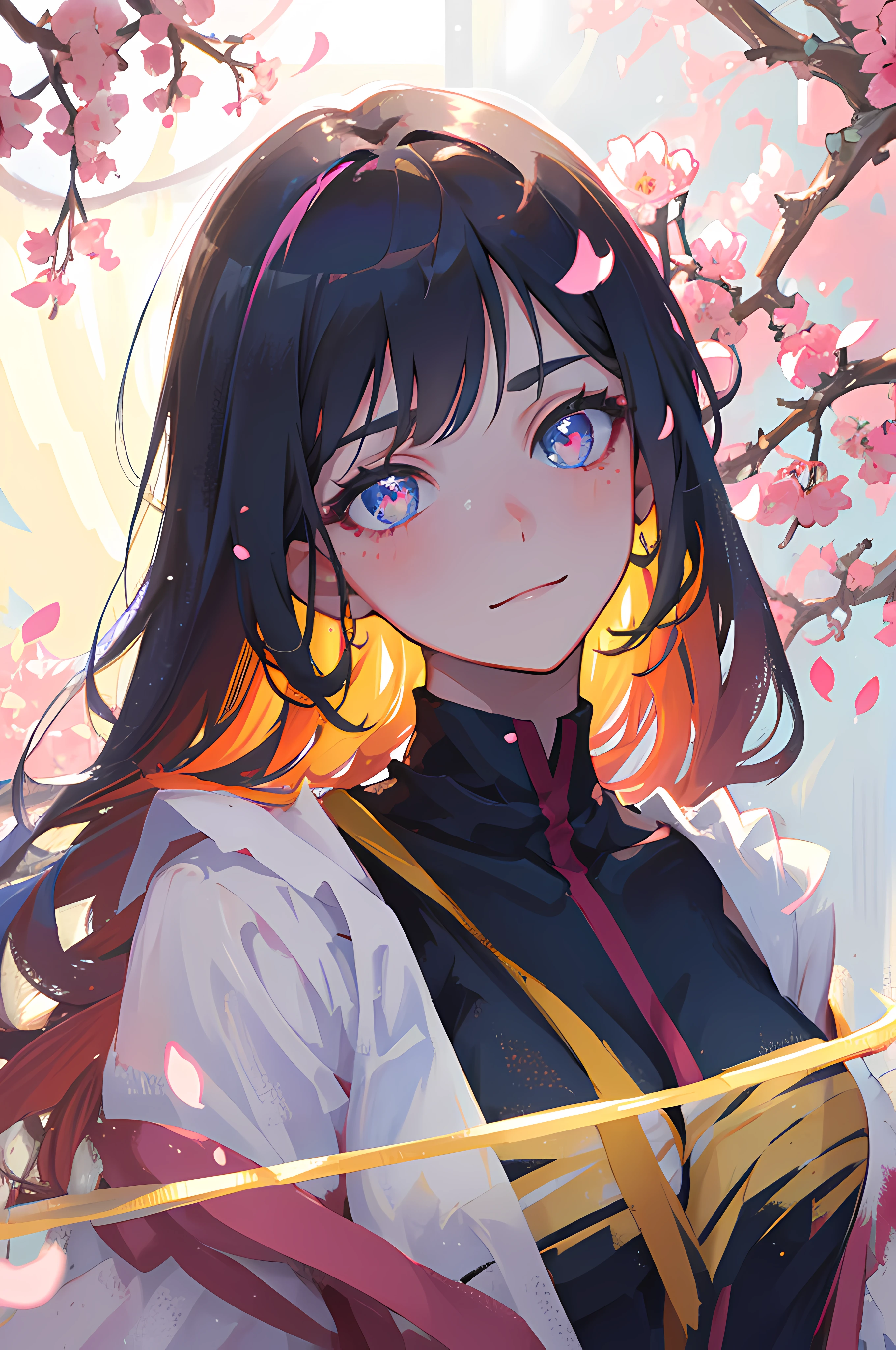 (best quality,highres,anime:1.2),ultra-detailed,(realistic:1.37),close-up of a woman with luminescent anime eyes,wavy pastel-colored hair,soft and flawless skin,natural blush,shimmering iridescent eyelids,playful and slightly mischievous smile,subtle freckles,dainty silver nose stud,vividly colored contact lenses,delicate eyelashes,elongated and sharply arched eyebrows,loosely tousled hair strands,luminous glow surrounding her,sparkling highlights on her face,ethereal and dreamlike atmosphere,colorful and vibrant background,subtle glimmers casting soft shadows,gentle breeze tousling her hair,delicate cherry blossom petals falling around her,lush greenery in the background,slight tilt to her head,expressive and captivating eyes,a sense of mystery and enchantment in her gaze