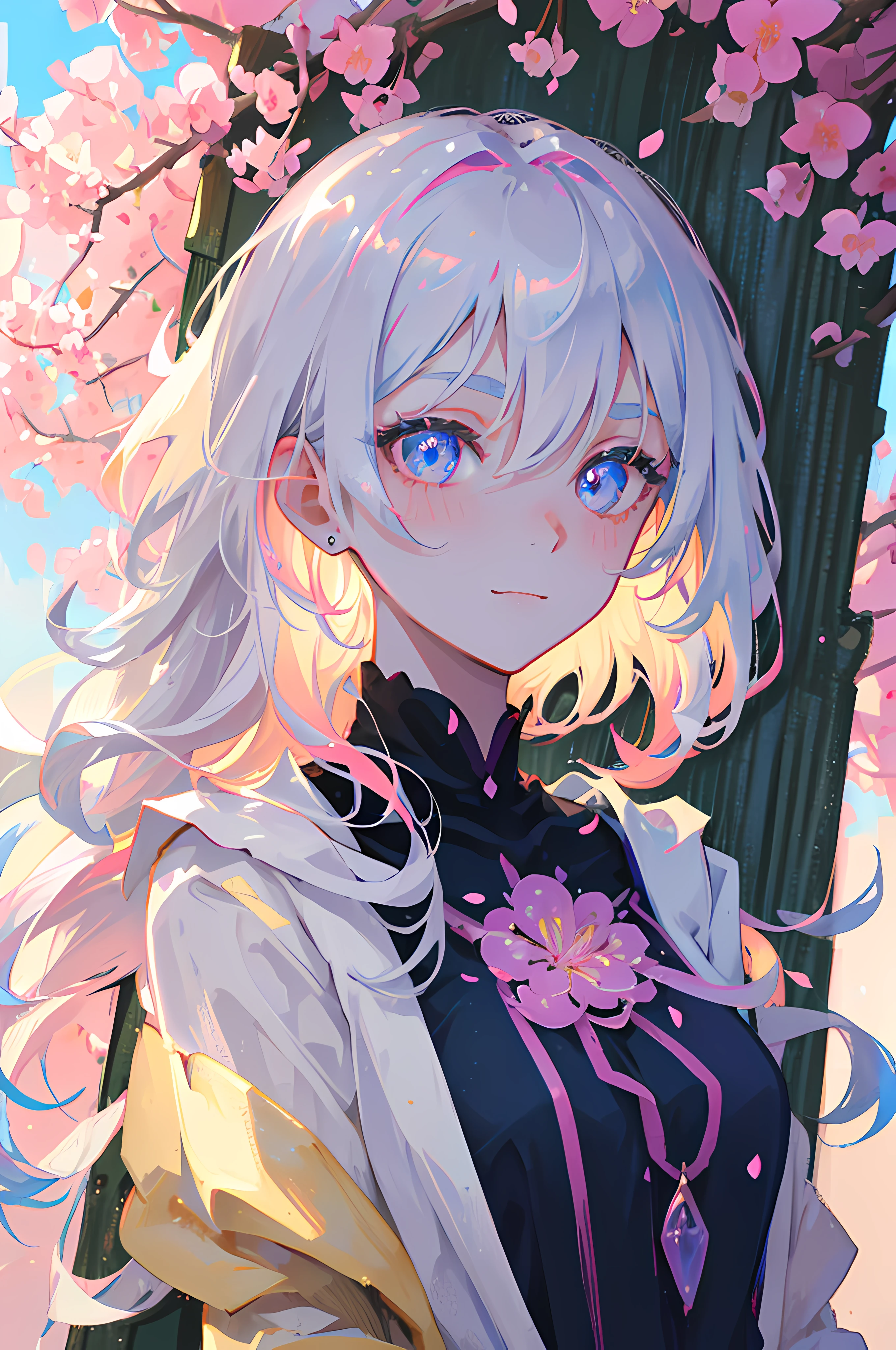 (best quality,highres,anime:1.2),ultra-detailed,(realistic:1.37),close-up of a woman with luminescent anime eyes,wavy pastel-colored hair,soft and flawless skin,natural blush,shimmering iridescent eyelids,playful and slightly mischievous smile,subtle freckles,dainty silver nose stud,vividly colored contact lenses,delicate eyelashes,elongated and sharply arched eyebrows,loosely tousled hair strands,luminous glow surrounding her,sparkling highlights on her face,ethereal and dreamlike atmosphere,colorful and vibrant background,subtle glimmers casting soft shadows,gentle breeze tousling her hair,delicate cherry blossom petals falling around her,lush greenery in the background,slight tilt to her head,expressive and captivating eyes,a sense of mystery and enchantment in her gaze