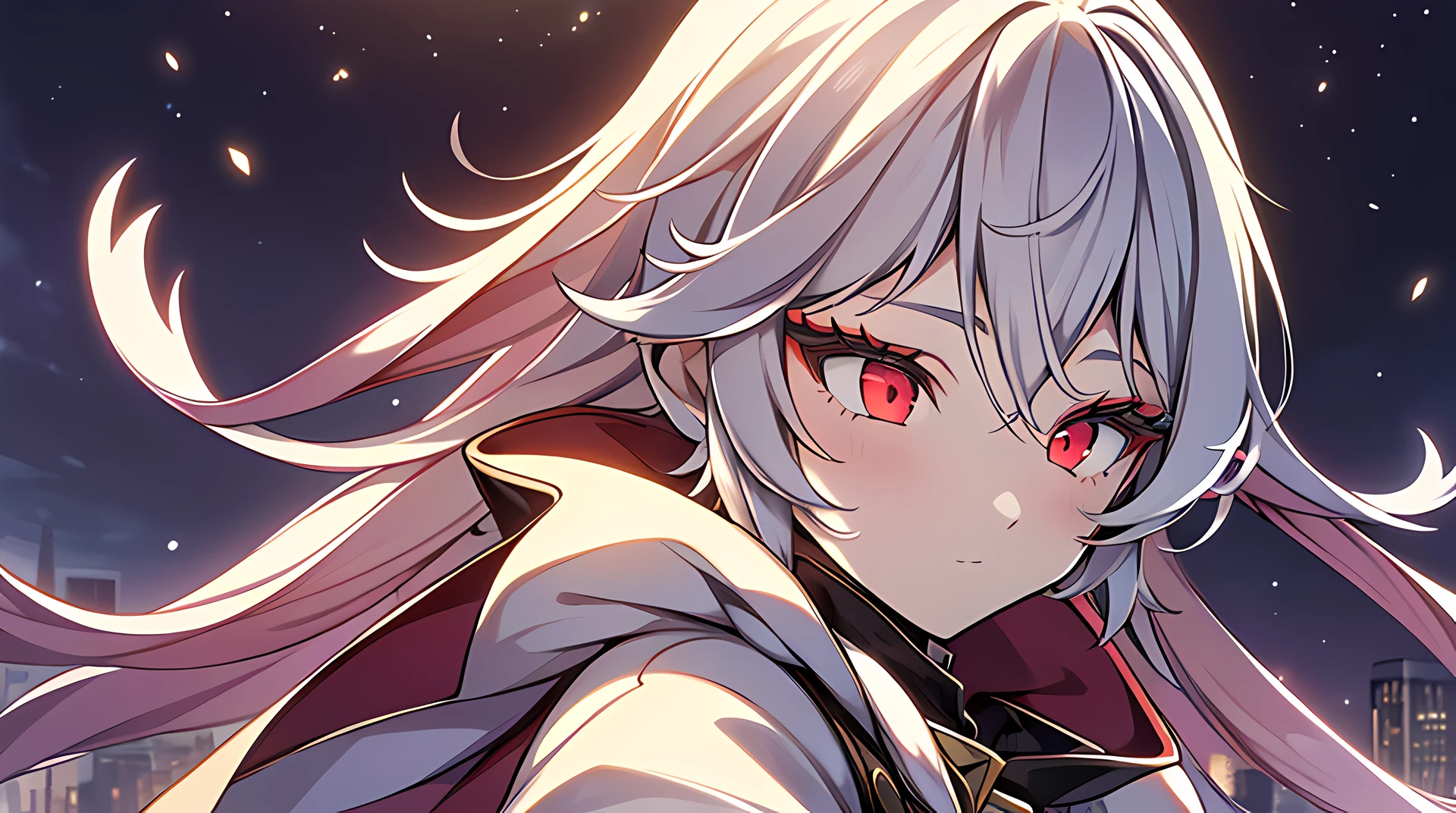 (best quality,4k,8k,highres,masterpiece:1.2),ultra-detailed,(realistic,photorealistic,photo-realistic:1.37),1girl,red eyes,wearing red hoodies,city,winter snow,night,absurdres,high res, ultrasharp, 8K, masterpiece, looking at viewer, fantasy, magical, snowy rooftops, frosty breath rising, glowing streetlights, ethereal atmosphere, dreamlike, serene, quiet streets, distant city skyline, soft falling snowflakes, intricate details of the girl's face and outfit, delicate snowflakes on her eyelashes, mysterious expression, enchanting beauty, captivating gaze, snow-covered trees, blurred lights in the background, vibrant red contrasted against the white snow, mesmerizing scene, evoking a sense of wonder and magic.
