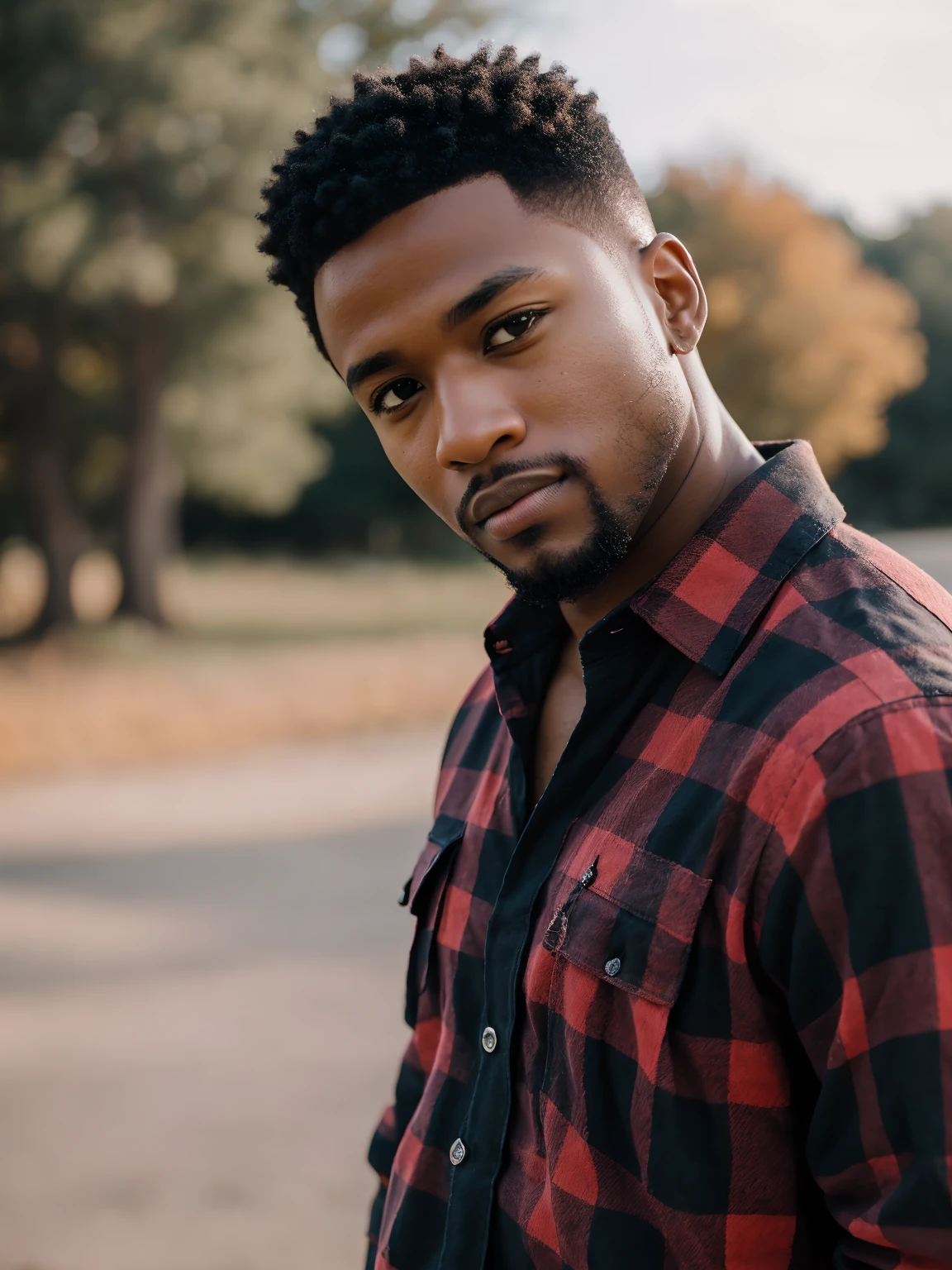 lifestyle photography, photo of a handsome black man, meditative facial expression, red flannel shirt, black cargo pants and combat boots, close up on face, soft lighting, high angle, shot on a Fujicolor Pro