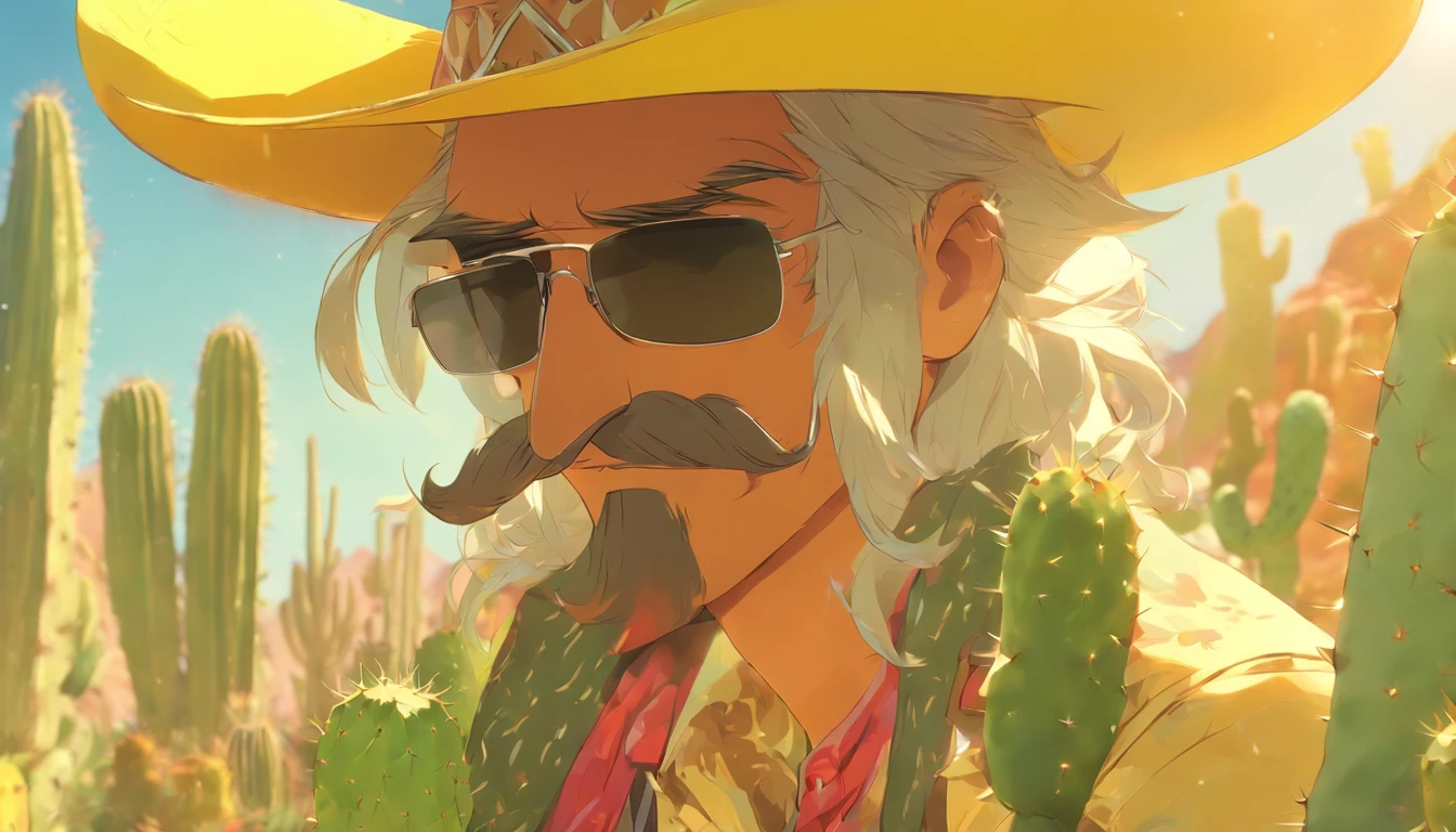 man. mustache. cowboyhat. yellow. sunglasses. cactus