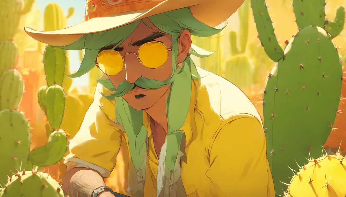 man. mustache. cowboyhat. yellow. sunglasses. cactus