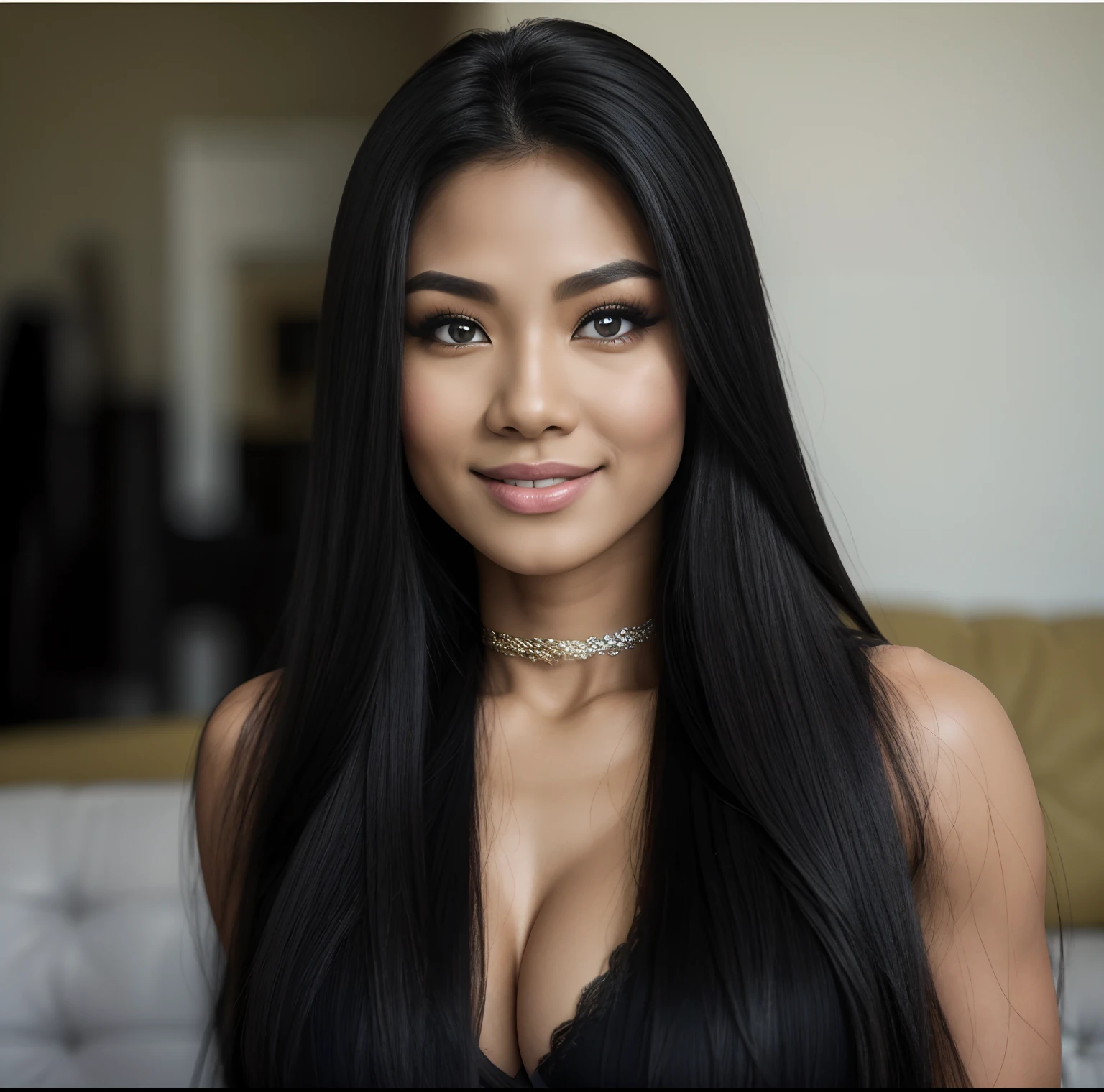 Young Thai woman, Fit physique, fitness physique, wearing sexy black lingerie sitting on the couch with legs open, corps sexy, (8k), (Best quality), (Masterpiece:1.3), (Realstic), (photoreallistic:1.34), Ultra-detailed, [beautiful detailed  eyes], (sourire), (sourire), (beautiful nose detailed), [very long blonde hair], (haut court), lingerie noire, (superbes seins taille normale), (gros plan), profondeur de champ, full body view, sitting on sofa, legs spread, showing crotch, pieds en l'air