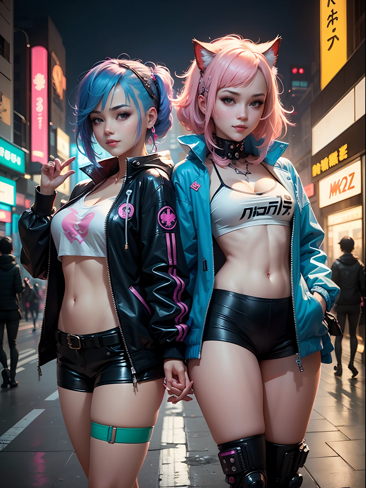 face of a sexy girl, earphone, Open Belly Button, leather outfit, beautiful japanese face, cerulean & long green hair in the wind, great smile, multicolored lights, Contexto Cyberpunk City, at night, half of the body, 8k photorealistic mannequin studio, (large breasted:1,9), body tattoo,