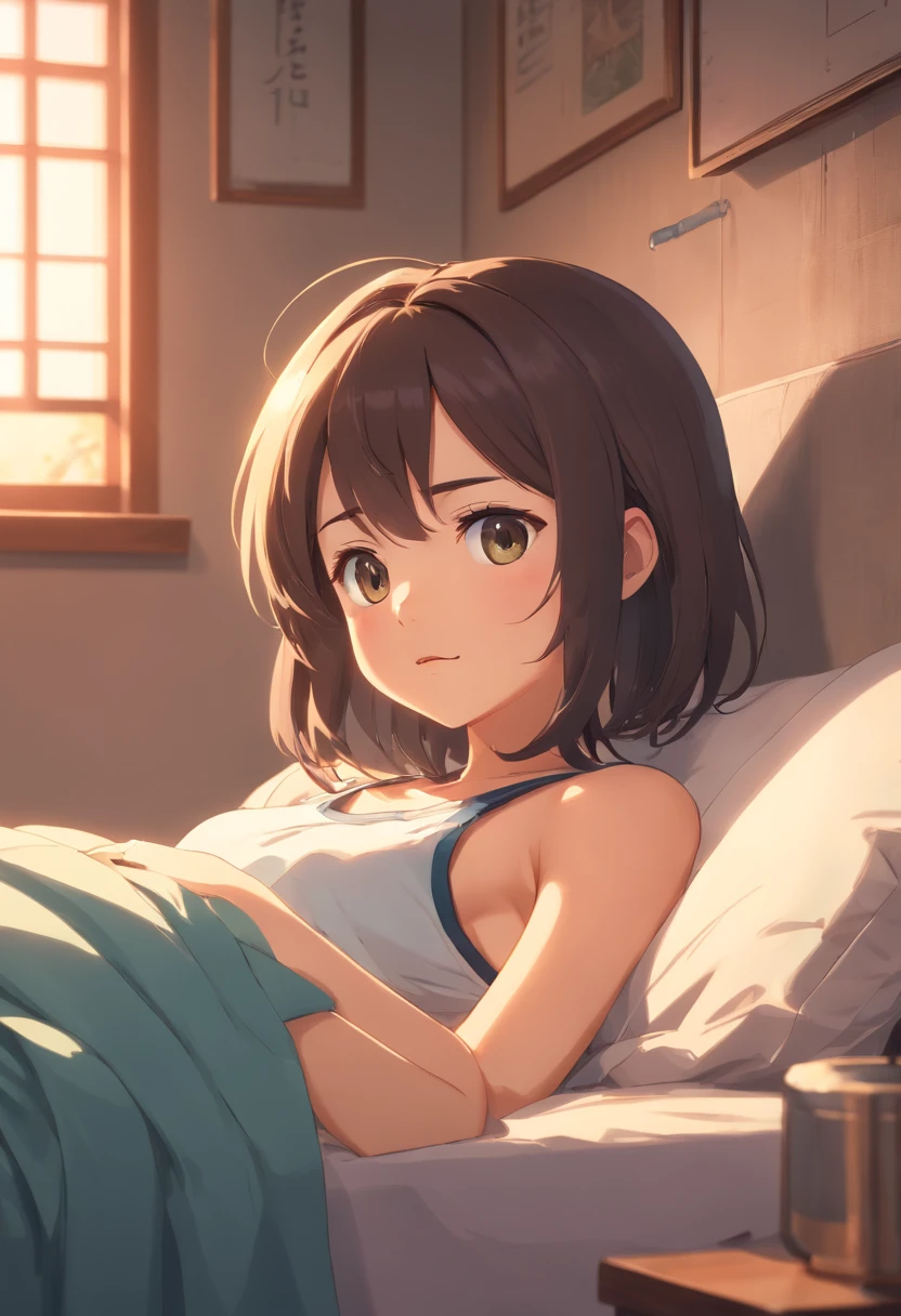 "best quality,4k,8k,highres,masterpiece:1.2),ultra-detailed,realistic:1.37,latina girl, laying on the bed,spread legs, beautiful detailed face, long dark hair, expressive eyes, delicate lips, finger touching lips, hands and legs chained to the bed, softly moaning, gentle lighting, cozy bedroom atmosphere, 6 , innocent expression, curious eyes, watching from a distance"