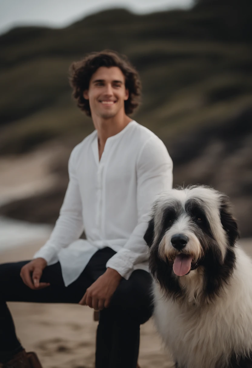 Fit 20 year old man on a beach. the man has wavy black hair and blue eyes. the man is smiling and has dimples on his cheeks. the man is wearing a white blouse and black pants and brown boots. the man is accompanied by an old english sheepdog.