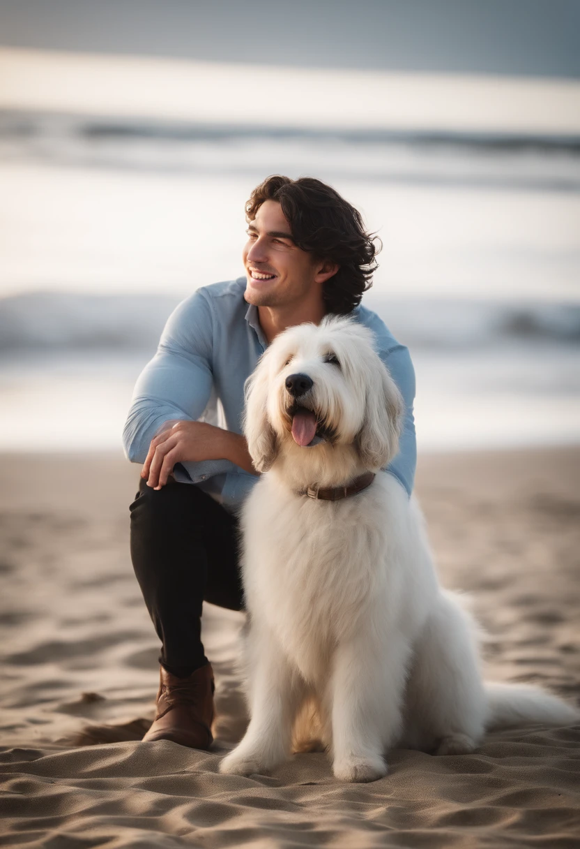 A 39-year-old white man, model type with dark hair, rent beard, clean eyes,, Sheer Light Shirt, sitting on the beach in the Algarve with a Yorkie terrier licking his face