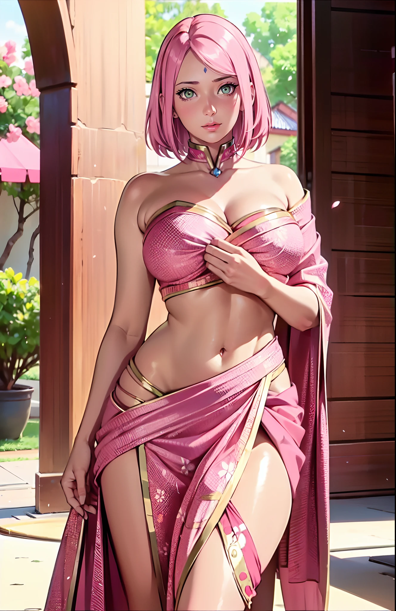 Big tits, (pink indian saree), fullbody, cleavage, good anatomy, masterpiece, best quality, 4k, 8k, professional photography, soft light, sharp focus, 1 girl, sakura haruno, pink hair, parted banks, detailed face+brown eyes, open lips, lipstick, close up view,  boobs show