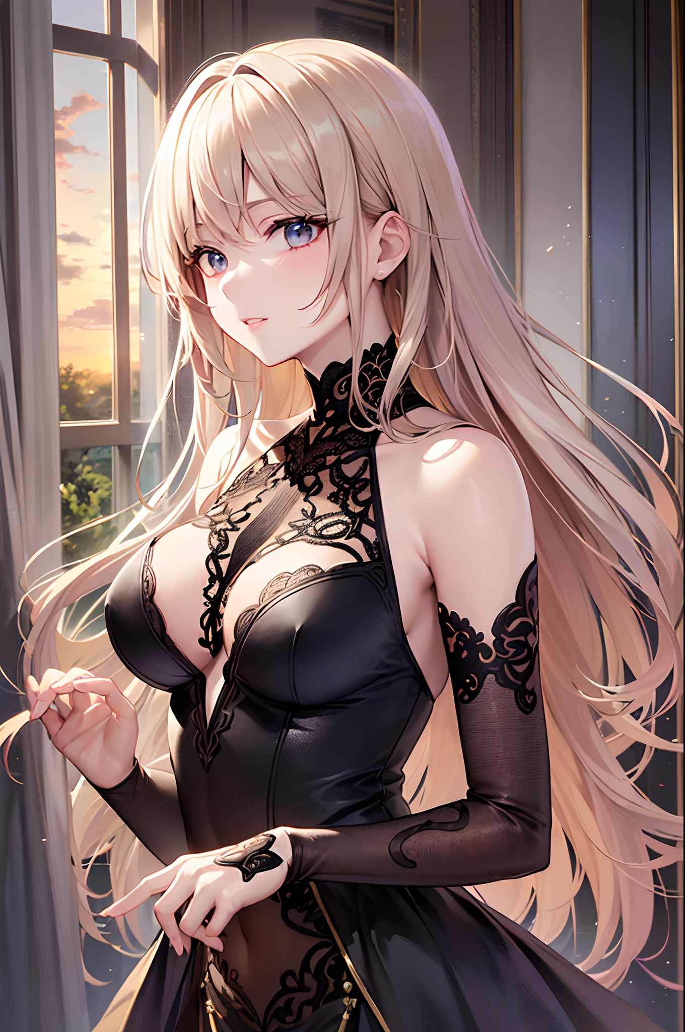 ((Finest quality)),(超A high resolution),(ultra-detailliert),(Meticulous portrayal),((Best Anime)),The best art.,sharpnes,Clair,natural soft light:1.3,at the sunset (adult woman),(Beautiful dress with detailed and detailed,Meticulously designed lace,off shoulders),Evening Gloves