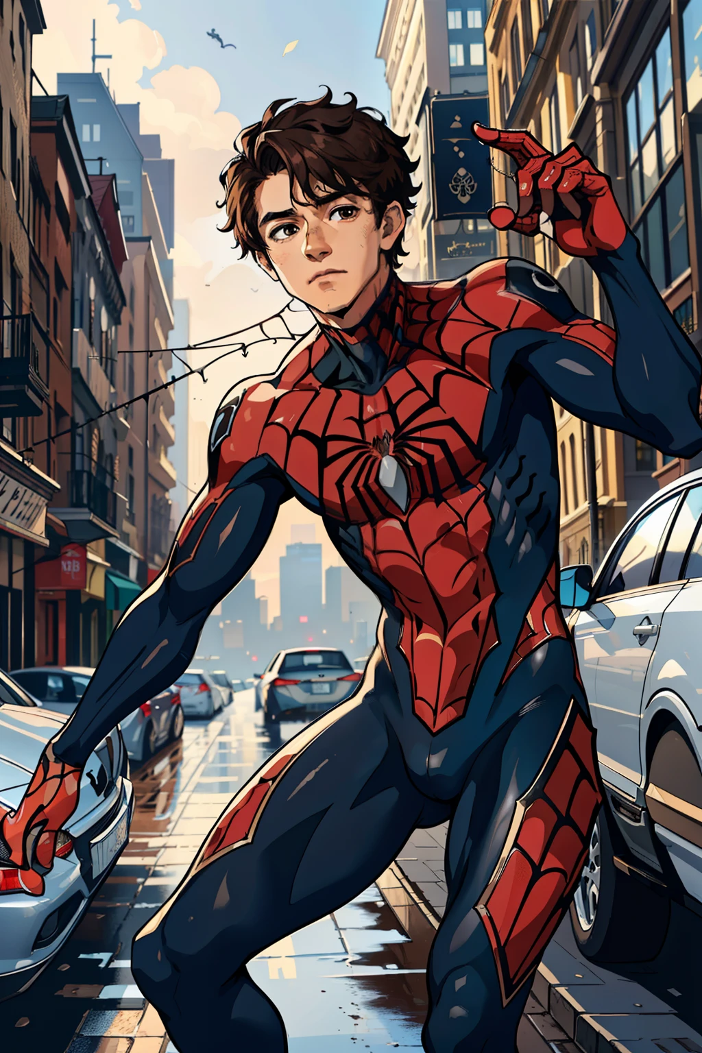 (masterpiece, best quality), intricate details, 8k, artstation, wallpaper, official art, splash art, sharp focus,
boy, brown eyes, brown hair,
spider suit, spider web printing, spider web,
skyscrapers, city, buildings, cars, street, building edge