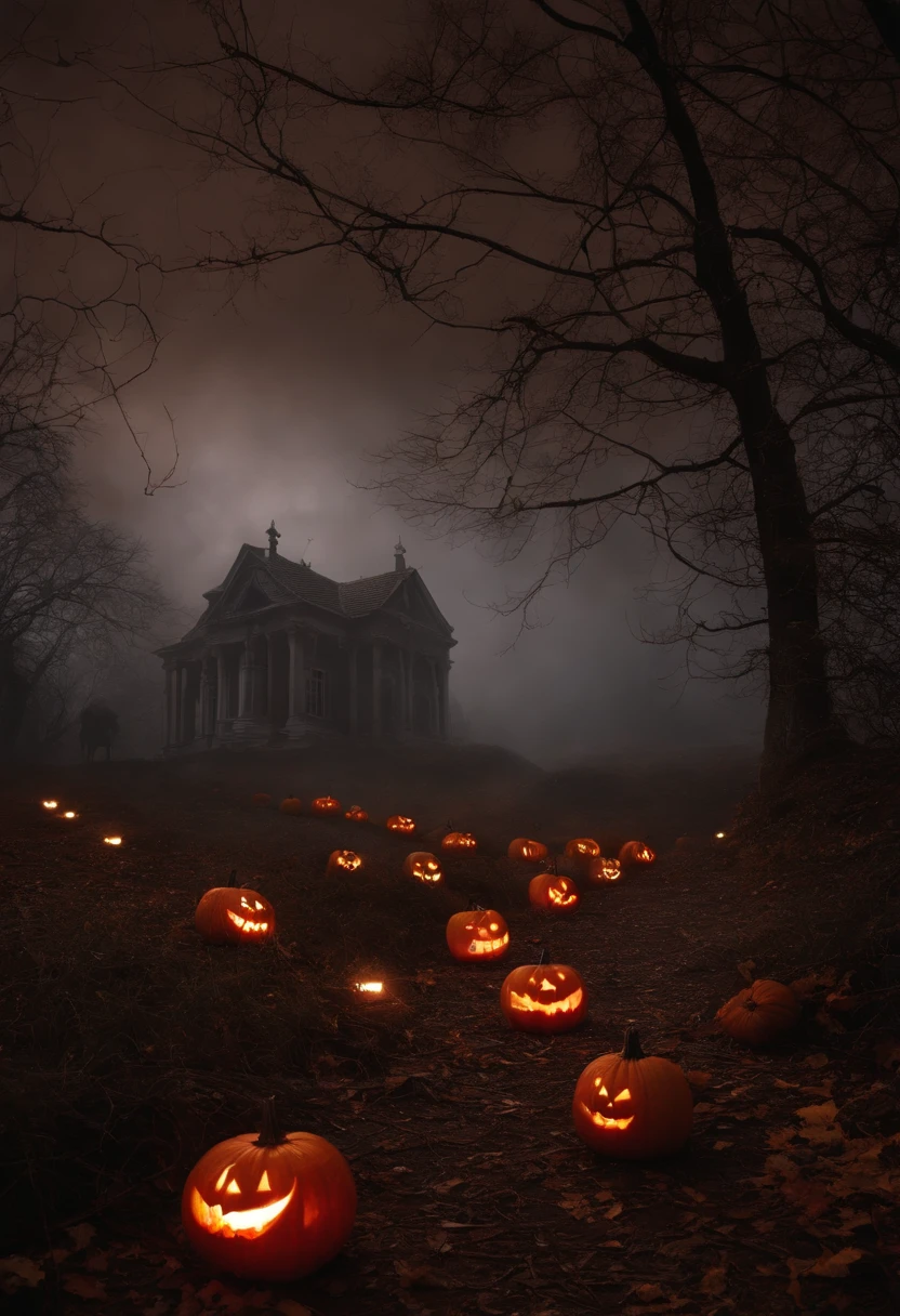 Get inspired by the series The Dark World of Sabrina, and generate high quality images of Halloween, pumpkins, tombs, hands, something dark and horrifying. Spider webs, I want it in high quality, 4K, be precise with the details.