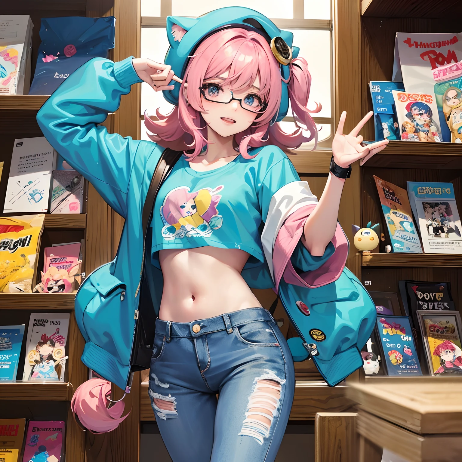 Mina has pale pink hair that falls in loose curls over her shoulders. His eyes are a bright shade of blue and he wears round glasses with a slightly comical touch. He wears a t-shirt with a pixel art print of his favorite video game character and a pair of comfy jeans. Always wear a wool hat with cat ears for a playful touch. En su mochila, He carries a collection of plush keychains from his favorite anime and always has a bag of instant ramen snacks on hand. personalidad: Mina es una persona amable y sonriente, Always willing to share references and anecdotes about otaku culture with a smile. Although his sense of humor is a bit eccentric, Es inofensivo e infeccioso. Pasatiempos: Le encanta asistir a convenciones de anime y cosplay, where he often dresses up as classic video game characters with a humorous twist. She is also an avid player of retro and modern video games. Otaku Symbols: in her bedroom, You'll find a large collection of action figures, consolas de videojuegos, y carteles de anime. It also has a shelf full of manga and light novels, plus a number of themed pillows.