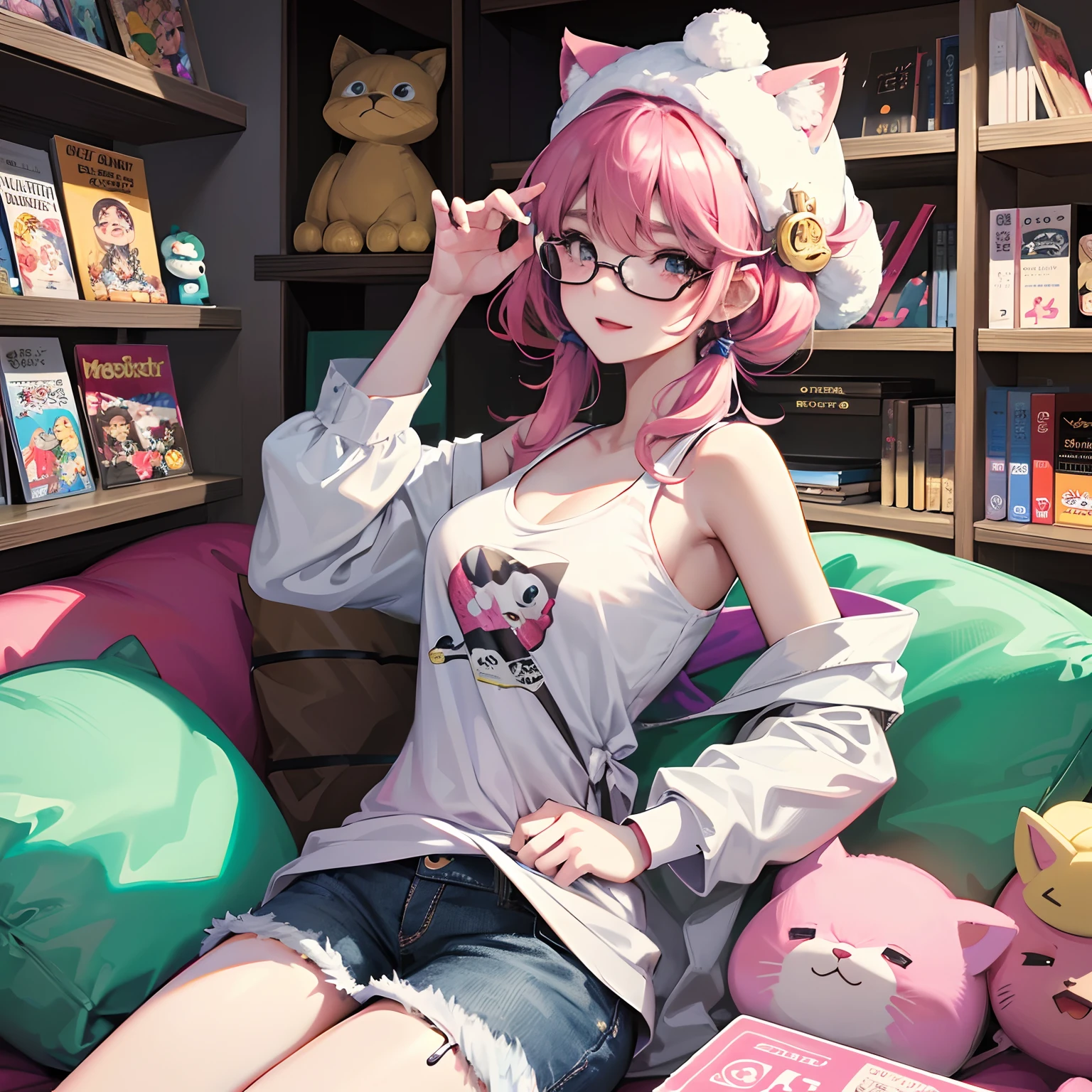 Mina has pale pink hair that falls in loose curls over her shoulders. His eyes are a bright shade of blue and he wears round glasses with a slightly comical touch. He wears a t-shirt with a pixel art print of his favorite video game character and a pair of comfy jeans. Always wear a wool hat with cat ears for a playful touch. En su mochila, He carries a collection of plush keychains from his favorite anime and always has a bag of instant ramen snacks on hand. personalidad: Mina es una persona amable y sonriente, Always willing to share references and anecdotes about otaku culture with a smile. Although his sense of humor is a bit eccentric, Es inofensivo e infeccioso. Pasatiempos: Le encanta asistir a convenciones de anime y cosplay, where he often dresses up as classic video game characters with a humorous twist. She is also an avid player of retro and modern video games. Otaku Symbols: in her bedroom, You'll find a large collection of action figures, consolas de videojuegos, y carteles de anime. It also has a shelf full of manga and light novels, plus a number of themed pillows.
