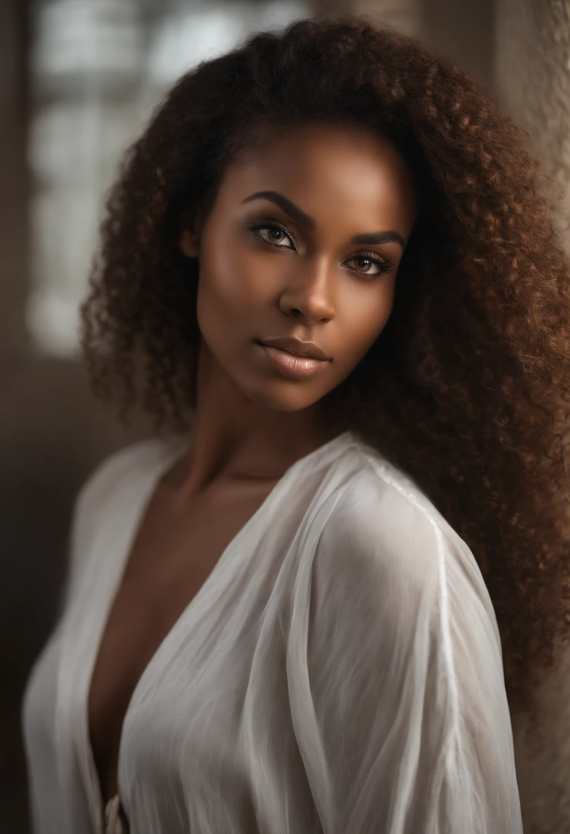 Femme africaine, fille sexy aux yeux bruns, ultra realist, Meticulously detailed, Portrait jasmin grant, cheveux bruns et noir et grands yeux, selfie of a young woman, Yeux de chambre, sans maquillage, maquillage naturel, looking straight at camera, Visage avec Artgram, Maquillage subtil, Superbe photo du corps entier, Avec une formes guitarre