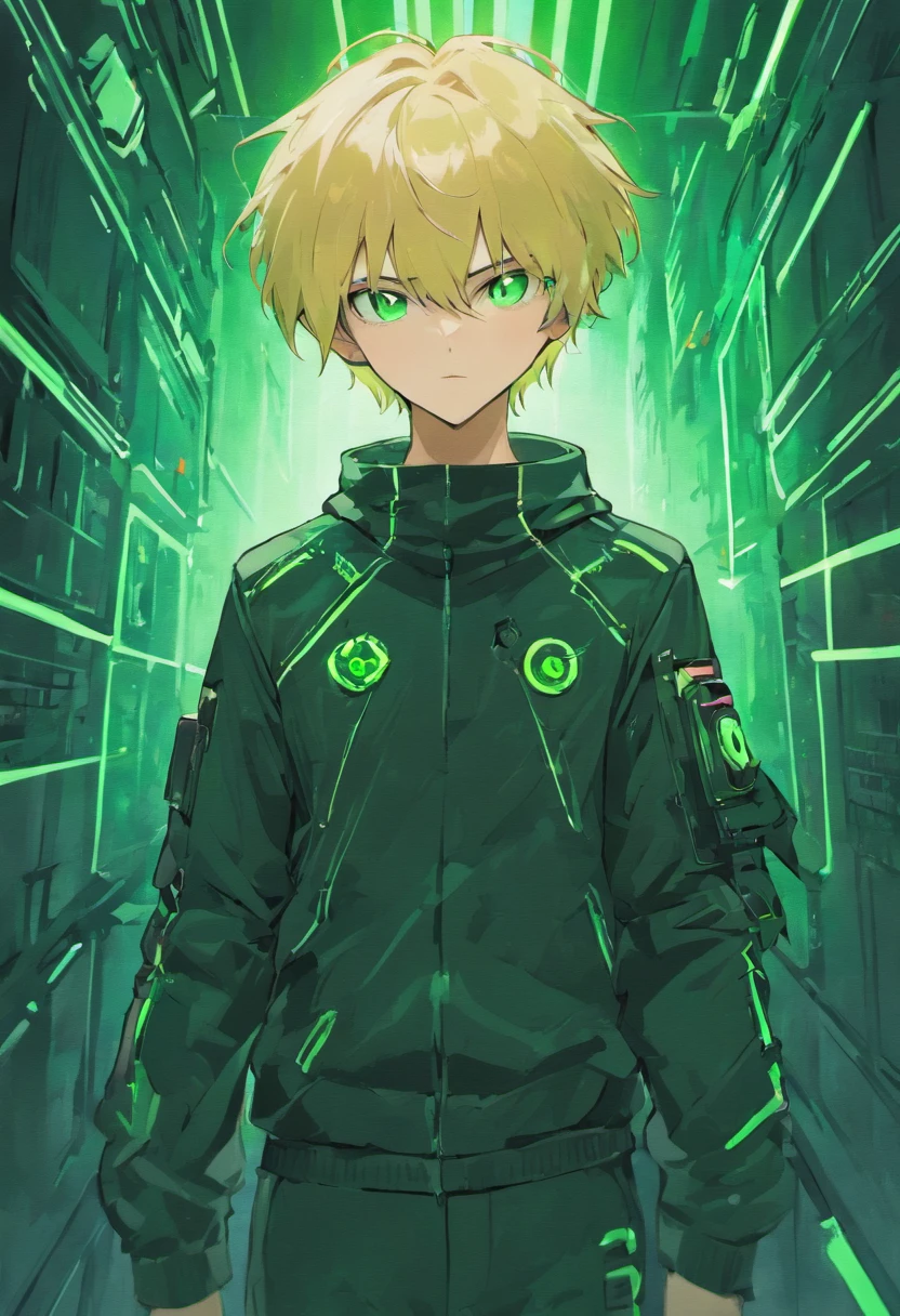 1guy, blonde hair, green eyes, cyberpunk gantz suit,